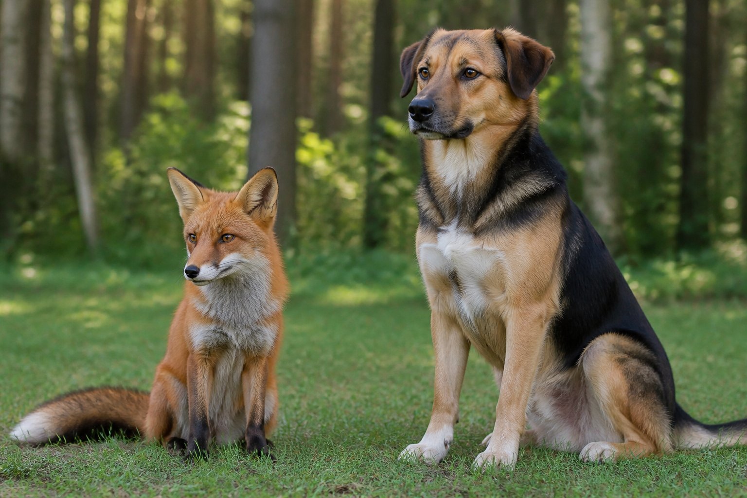 A red fox and a domestic dog sitting calmly side by side in a grassy forest clearing.
