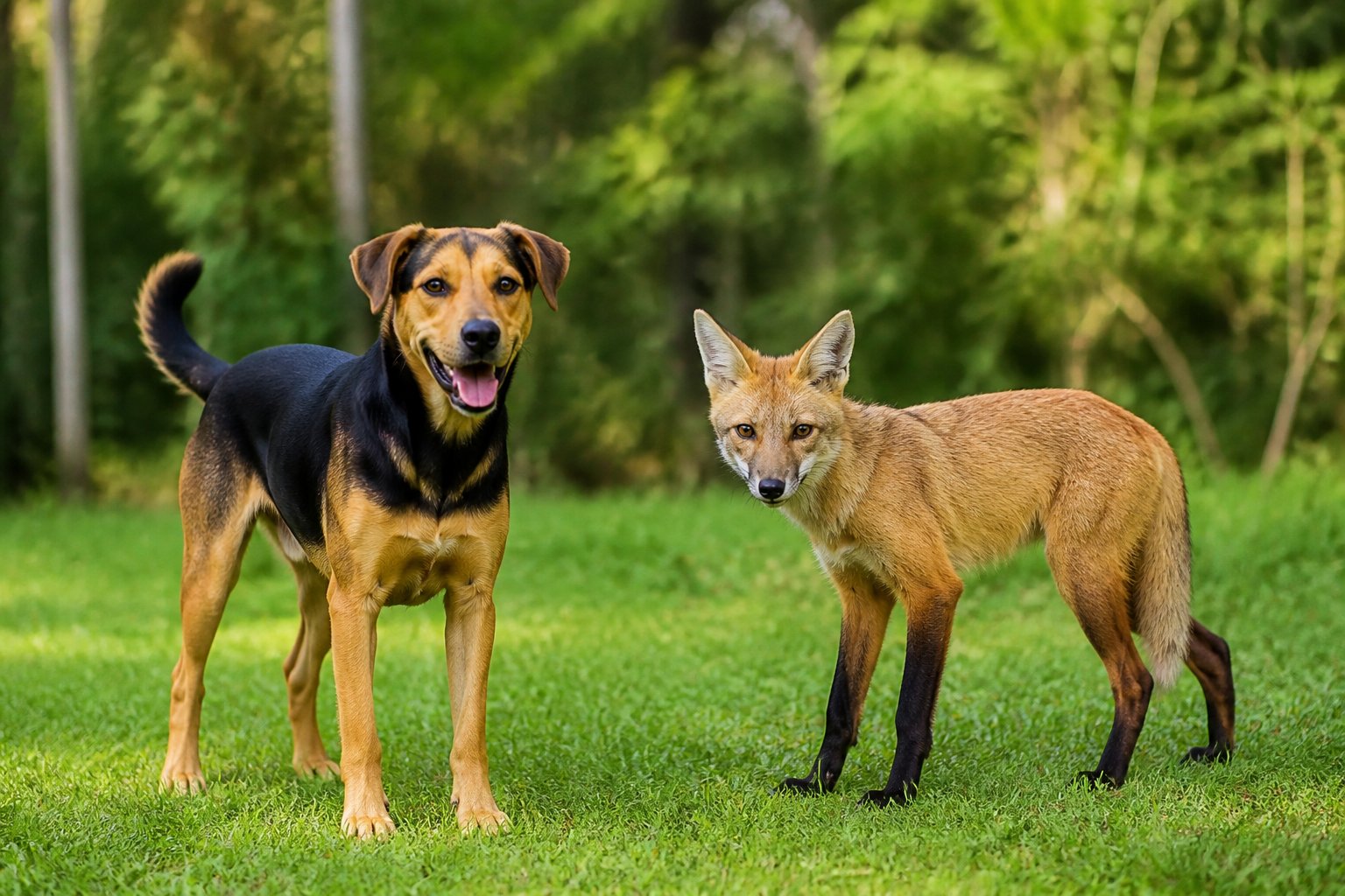 A dog and a fox standing near each other on green grass with a forest background.