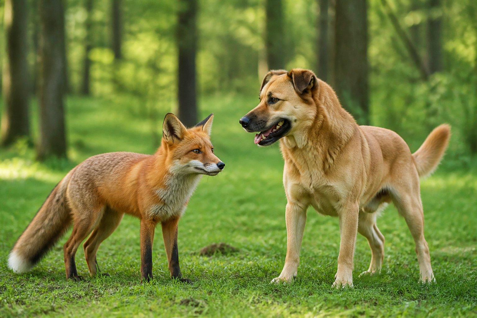 A red fox and a medium-sized dog standing together in a grassy clearing surrounded by trees.