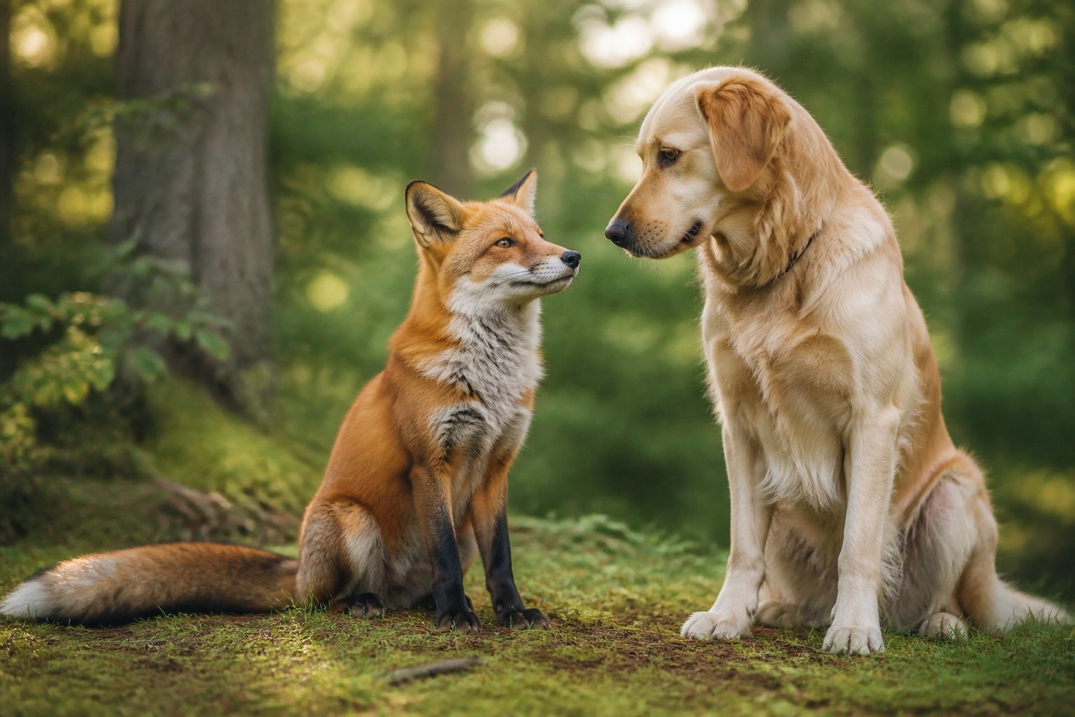 A red fox and a dog sitting close together in a green forest clearing with sunlight filtering through the trees.