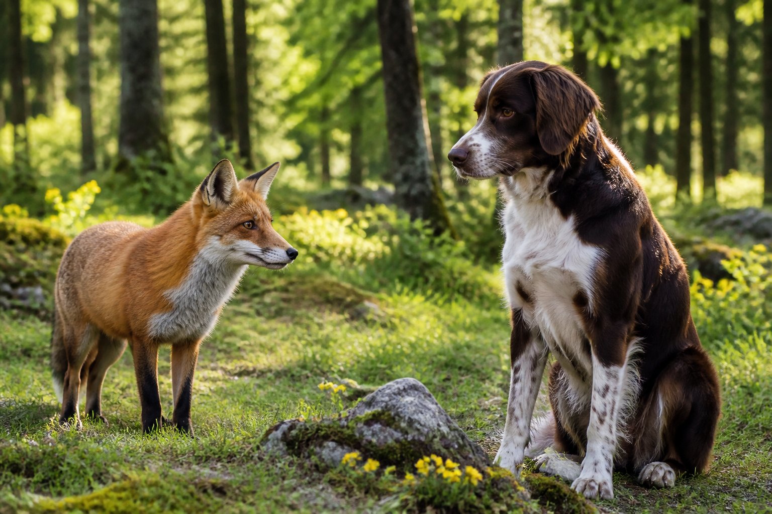 A red fox and a medium-sized dog calmly observing each other in a forest clearing with sunlight filtering through the trees.