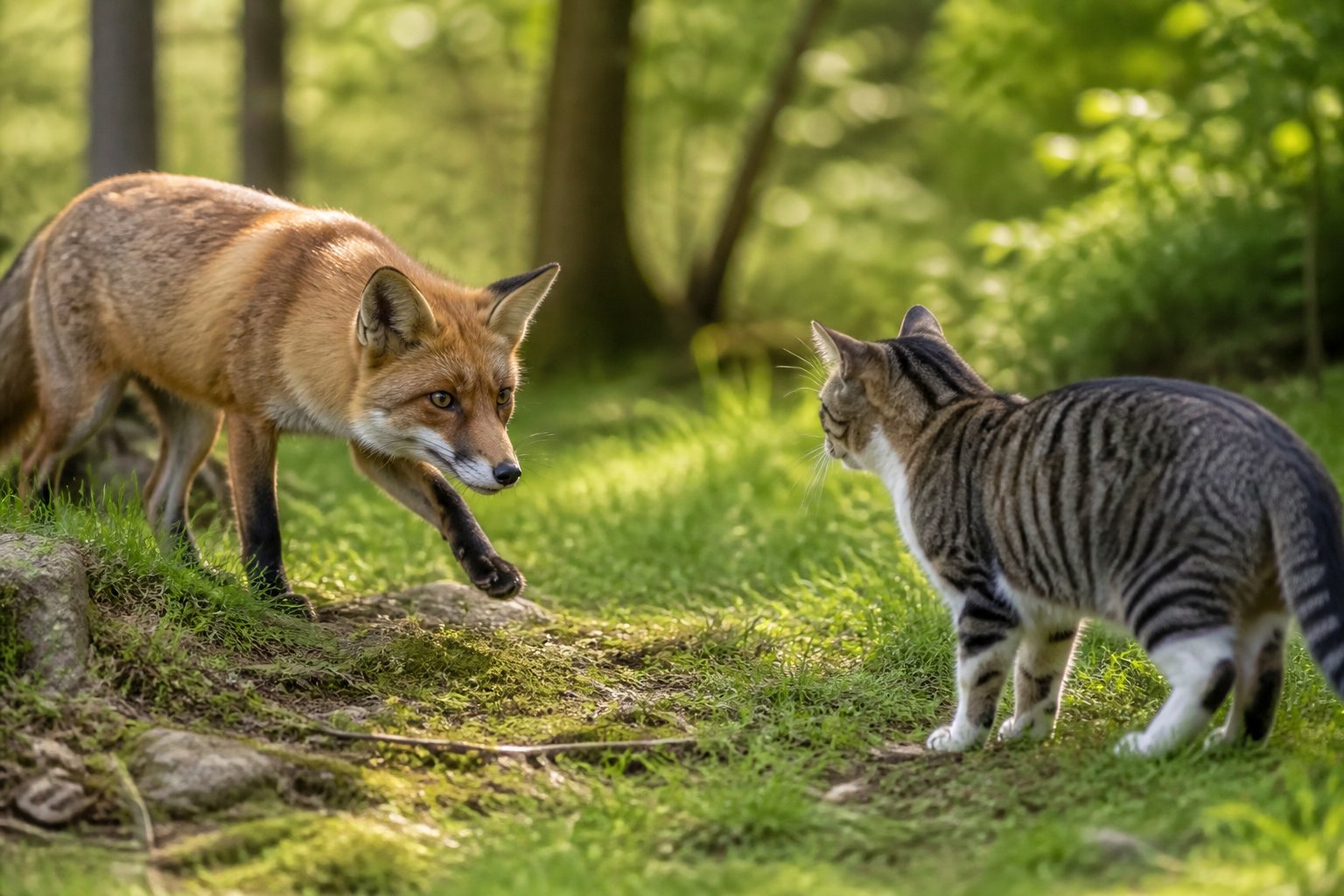 A fox cautiously approaches a domestic cat in a sunlit forest clearing with green foliage.