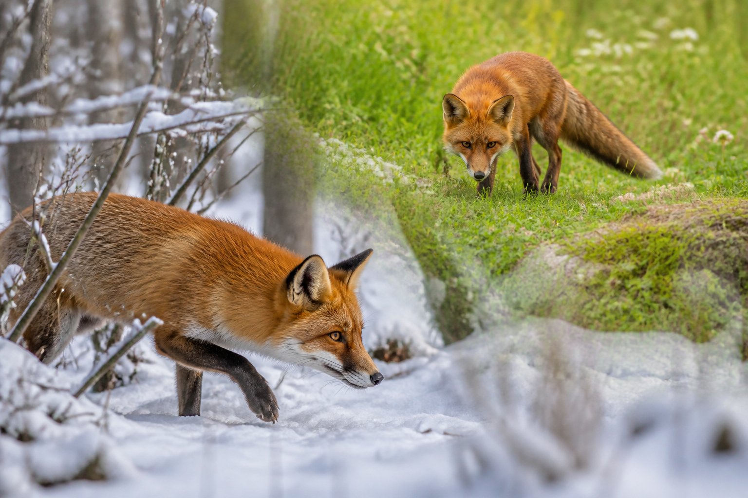 A red fox hunting in a snowy forest and a green meadow, showing different seasonal conditions.