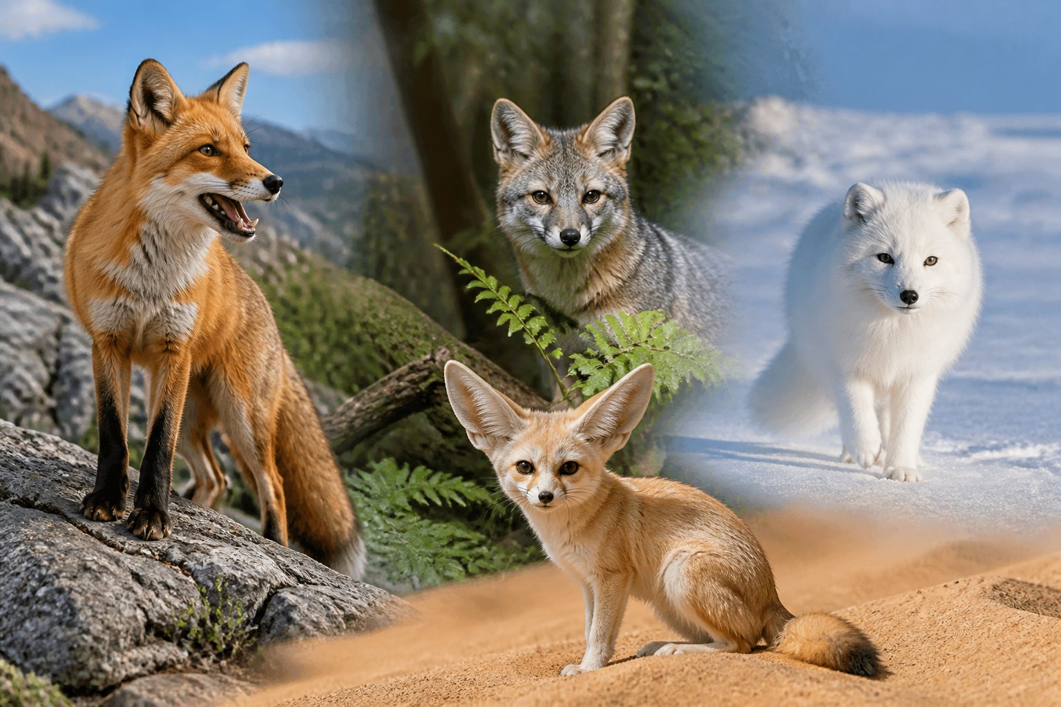 A group of different fox species in their natural habitats, including a red fox on rocks, a fennec fox in the desert, a gray fox in the forest, and an arctic fox in the snow.