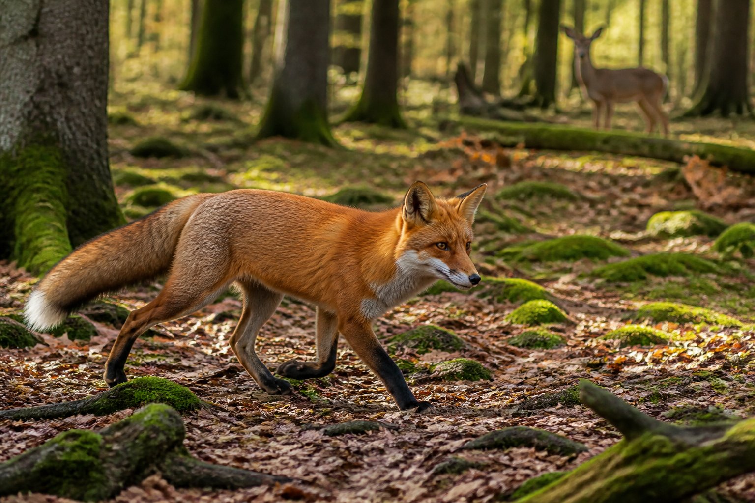 A red fox moving through a sunlit forest floor surrounded by trees and foliage.