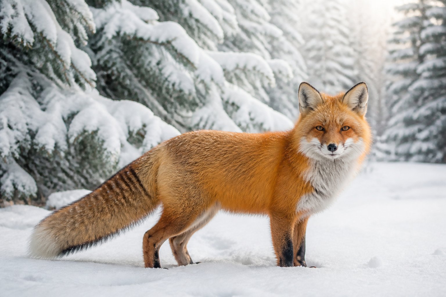 A red fox standing on snow-covered ground in a winter forest with evergreen trees in the background.