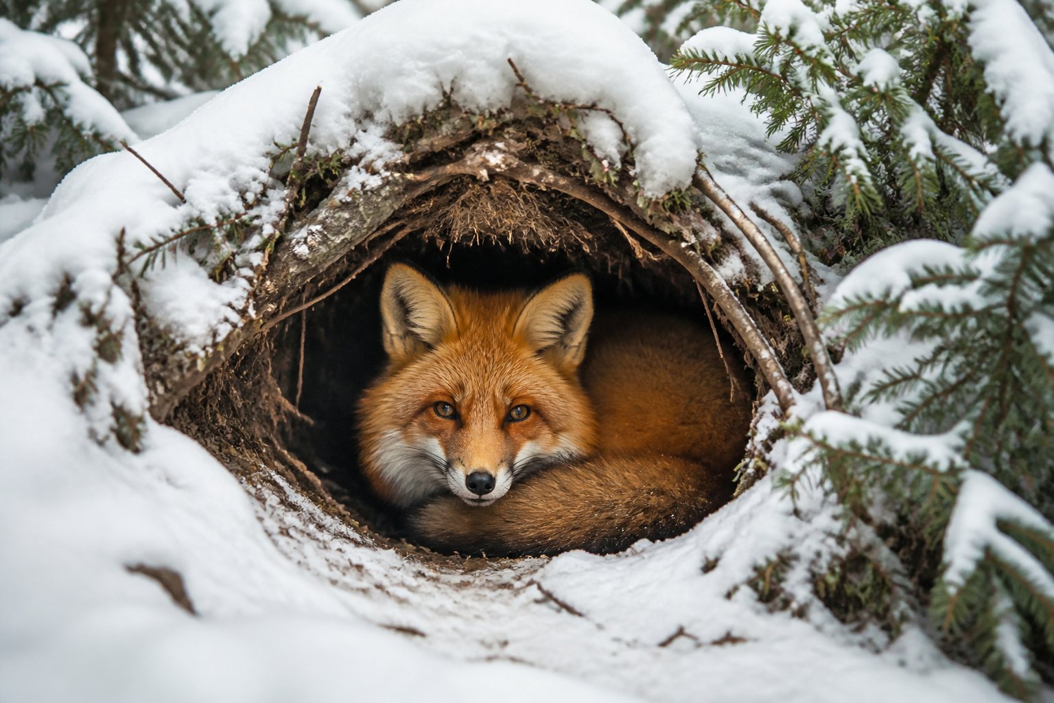 A red fox resting inside a snow-covered den in a winter forest.