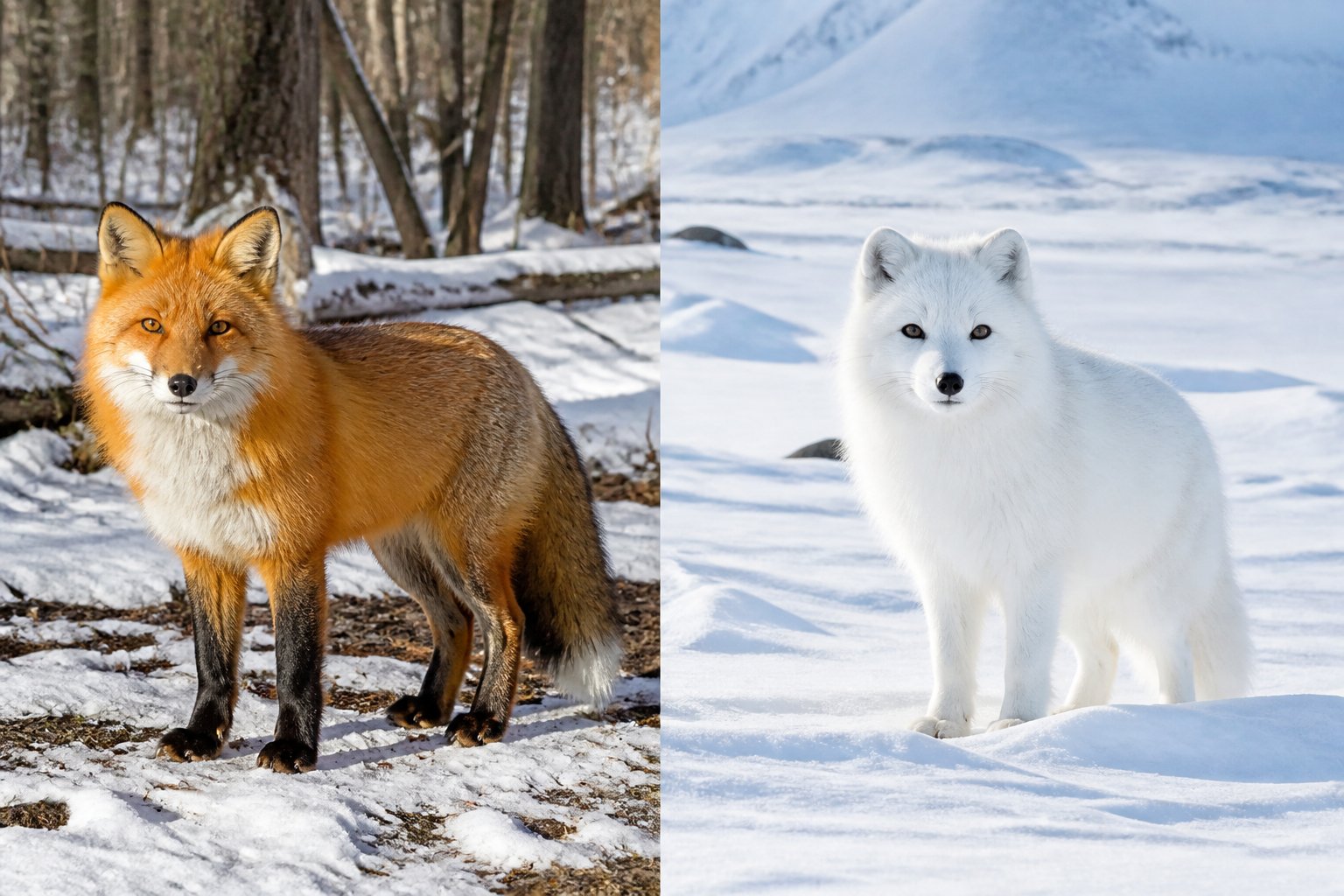 A red fox in a snowy forest next to an arctic fox in a snowy tundra, both alert and adapted to winter environments.