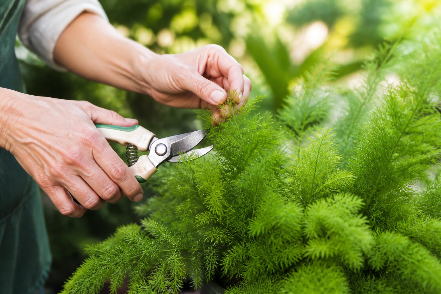 Hands pruning a foxtail fern plant outdoors with garden shears.