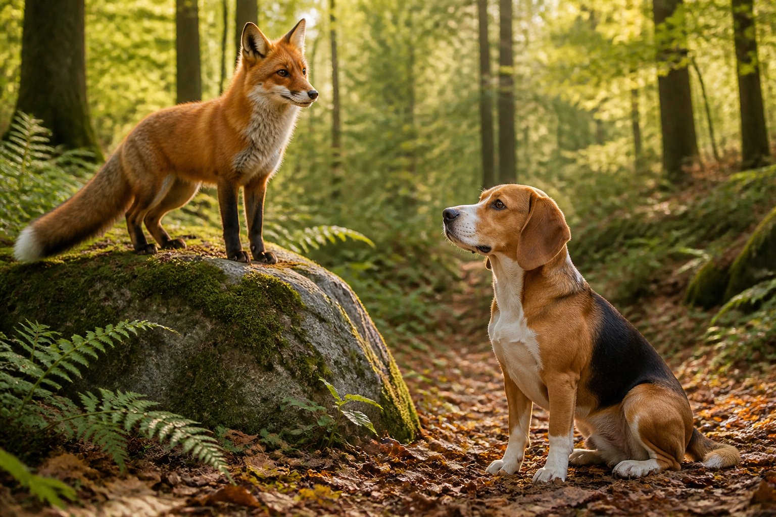 A red fox standing on a rock and a hound dog sitting nearby in a sunlit forest.