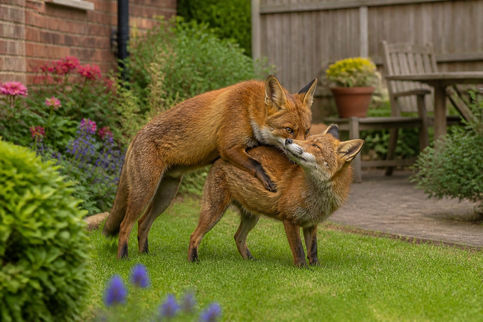 Two red foxes interacting closely in a garden near a house during daylight.