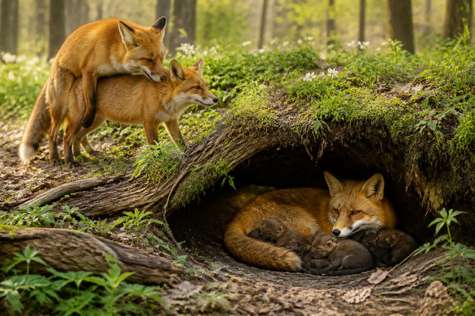 A pair of red foxes in a forest near a den where a mother fox tends to her newborn cubs.