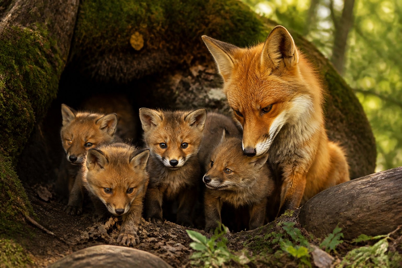 A mother fox with her playful fox cubs resting in a cozy den in the forest.