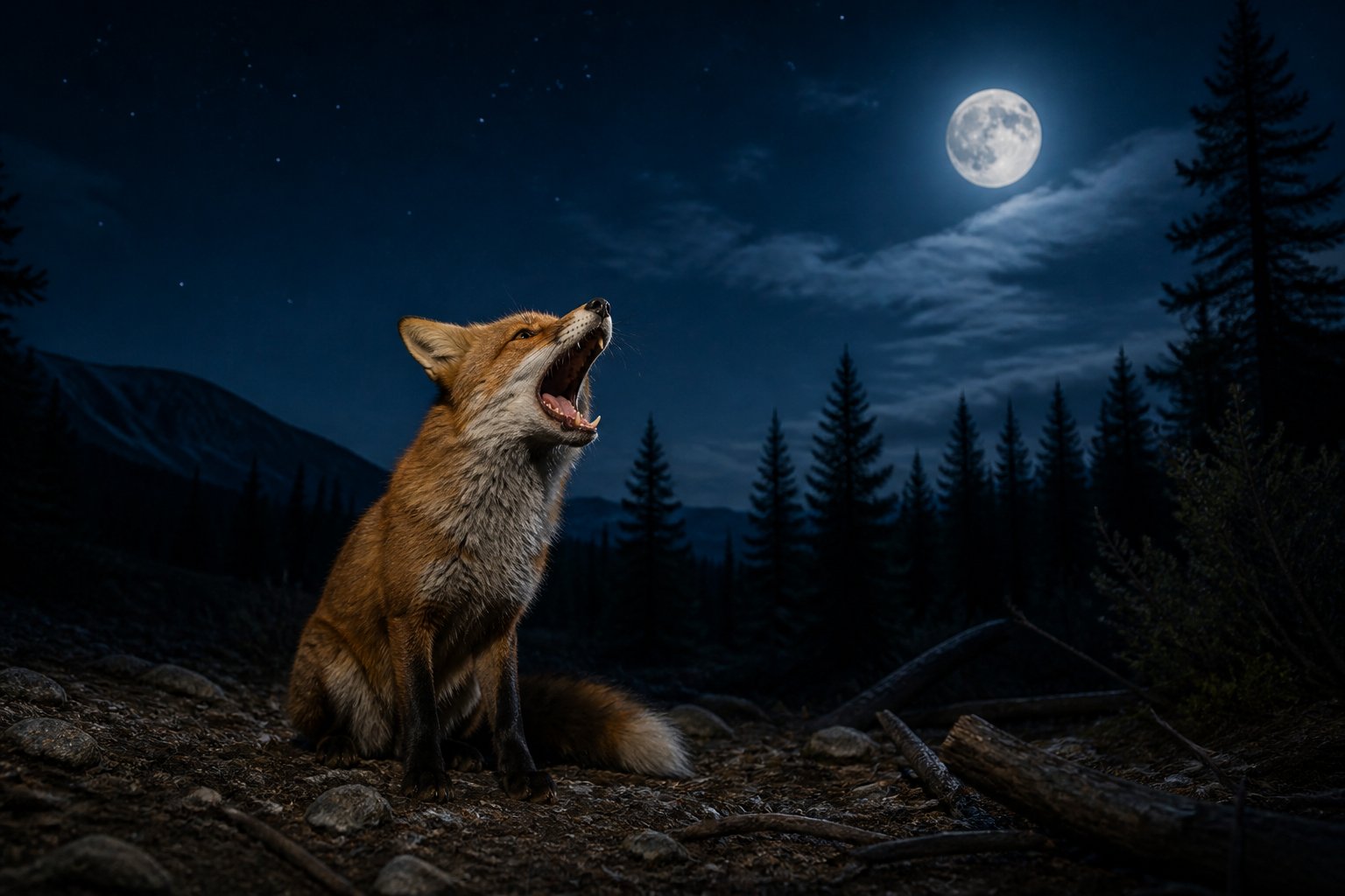 A fox in a dark forest at night with its mouth open as if screaming, surrounded by trees and moonlight.