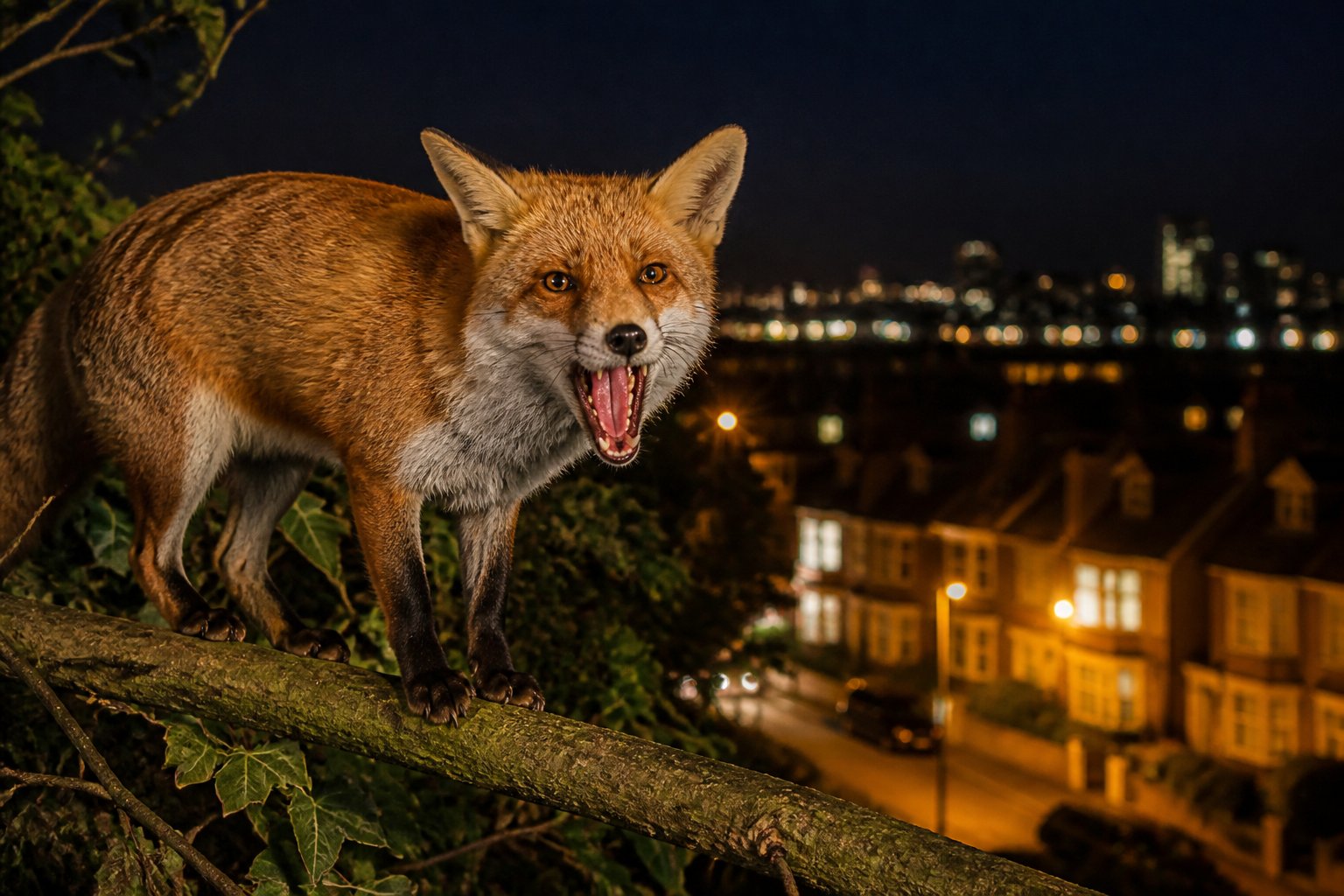 A red fox at night in a suburban area with its mouth open as if making a sound, surrounded by trees and houses with streetlights.