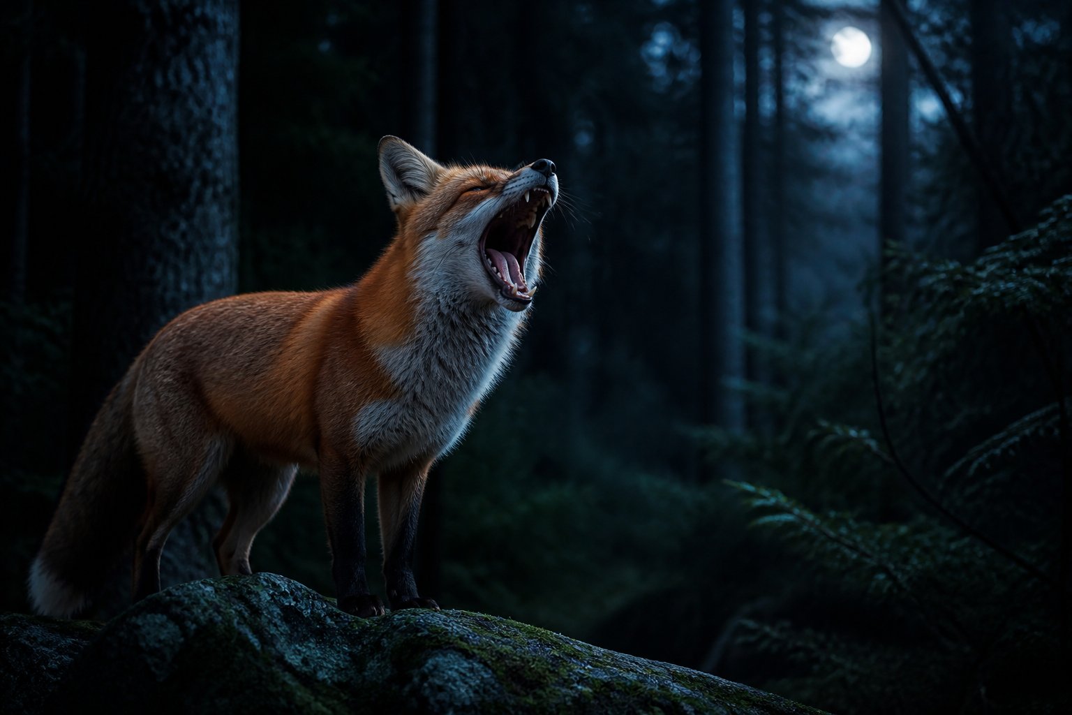 A red fox standing on a rock in a dark forest at night with its mouth open as if screaming.