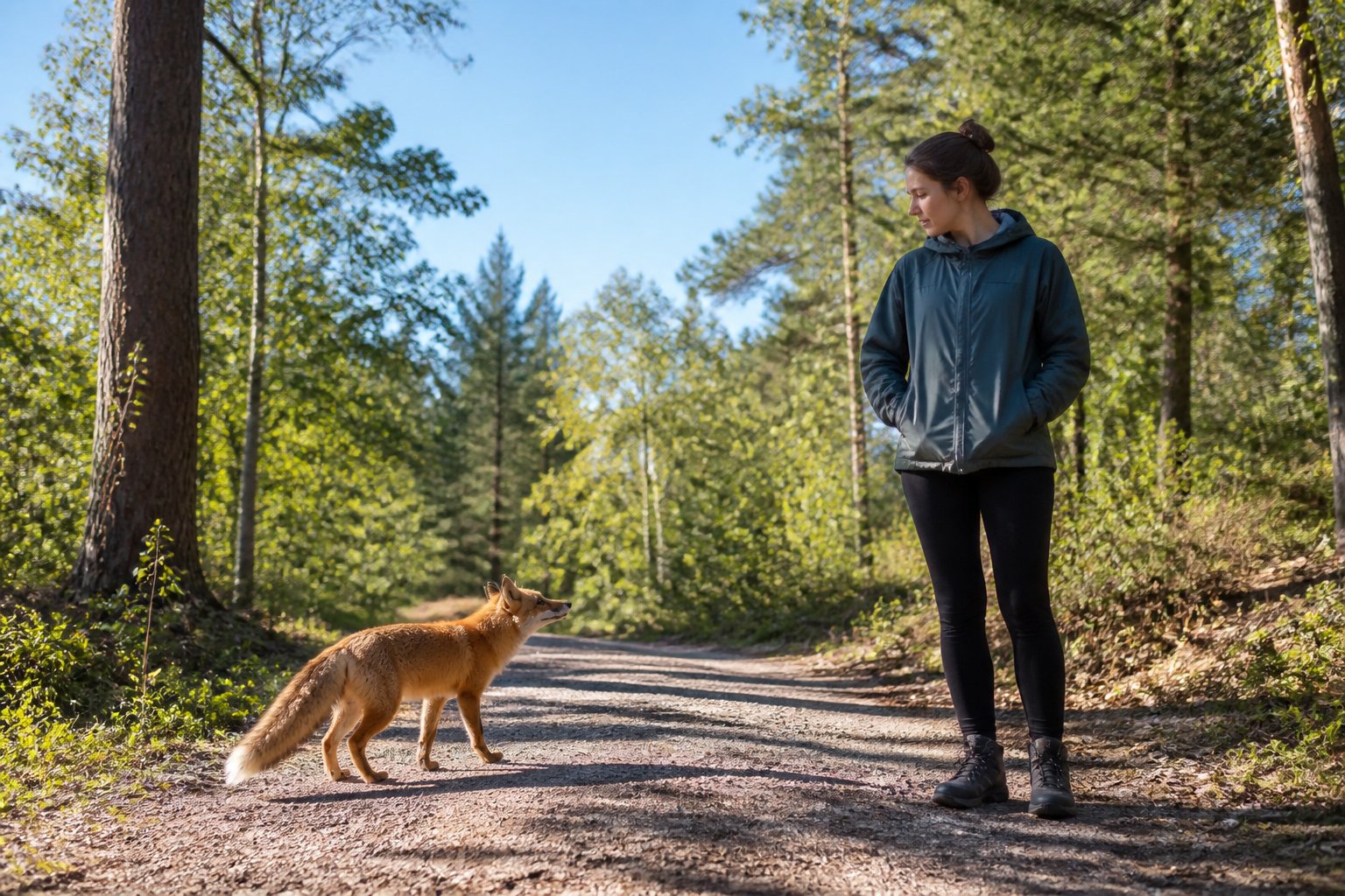 A person calmly standing on a forest path while a red fox cautiously approaches in a sunlit woodland setting.