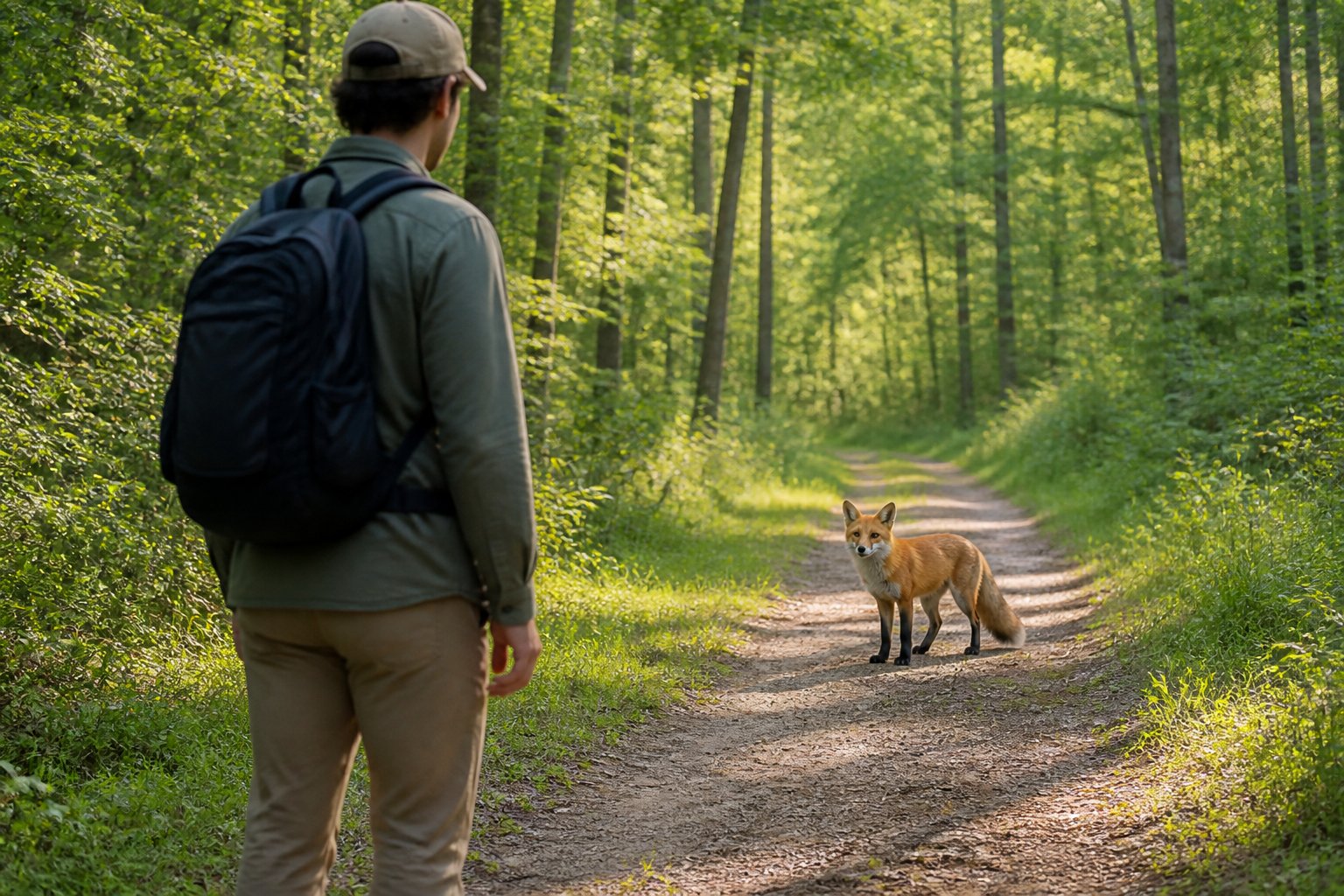 A person standing calmly on a forest trail observing a curious red fox at close range.