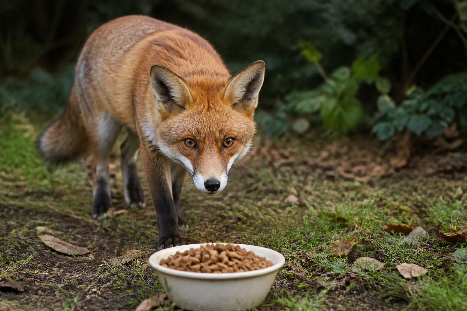 A wild fox near a bowl of cat food outdoors in a natural forest-edge setting.