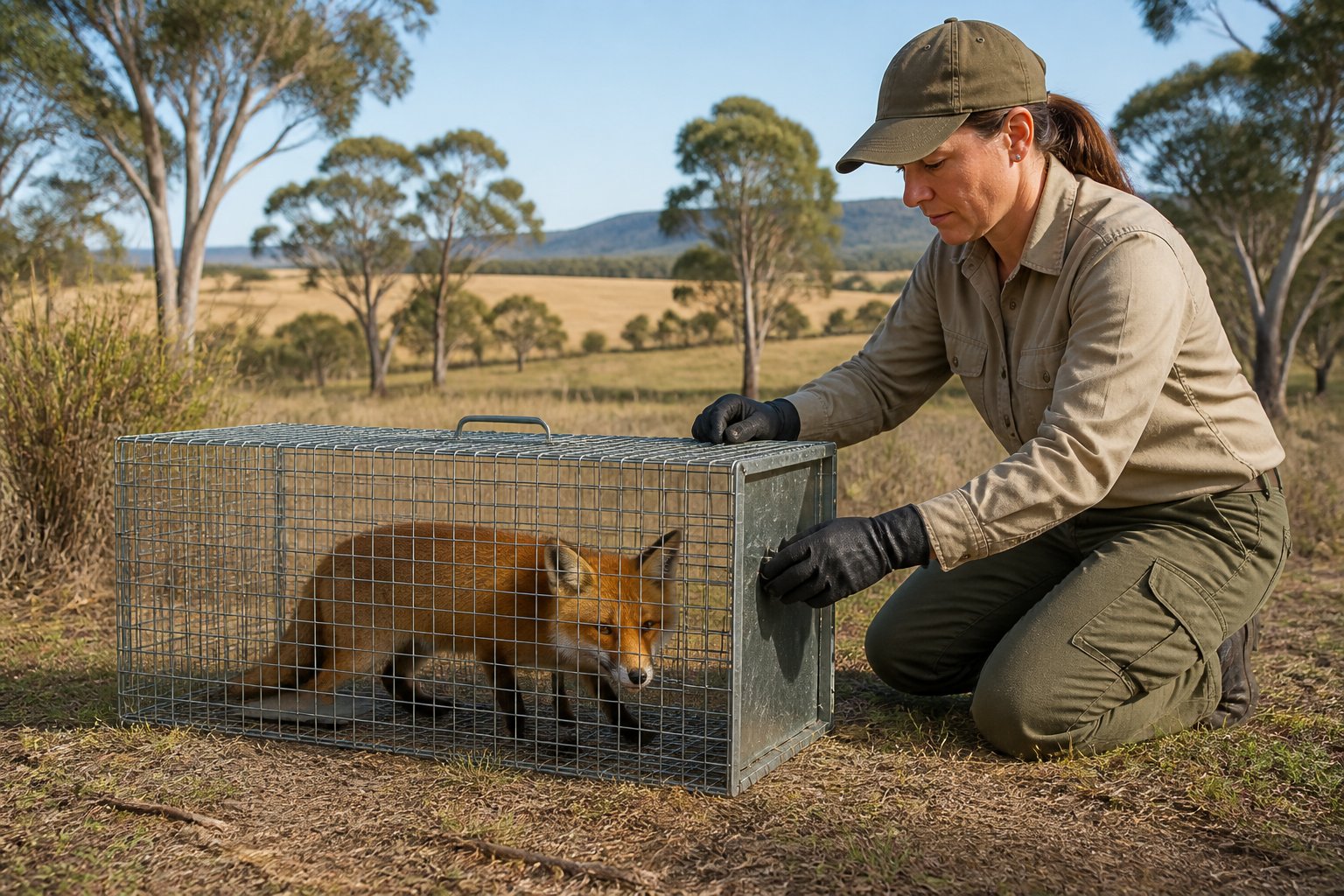 A wildlife expert handling a humane trap containing a red fox in an Australian bushland setting.
