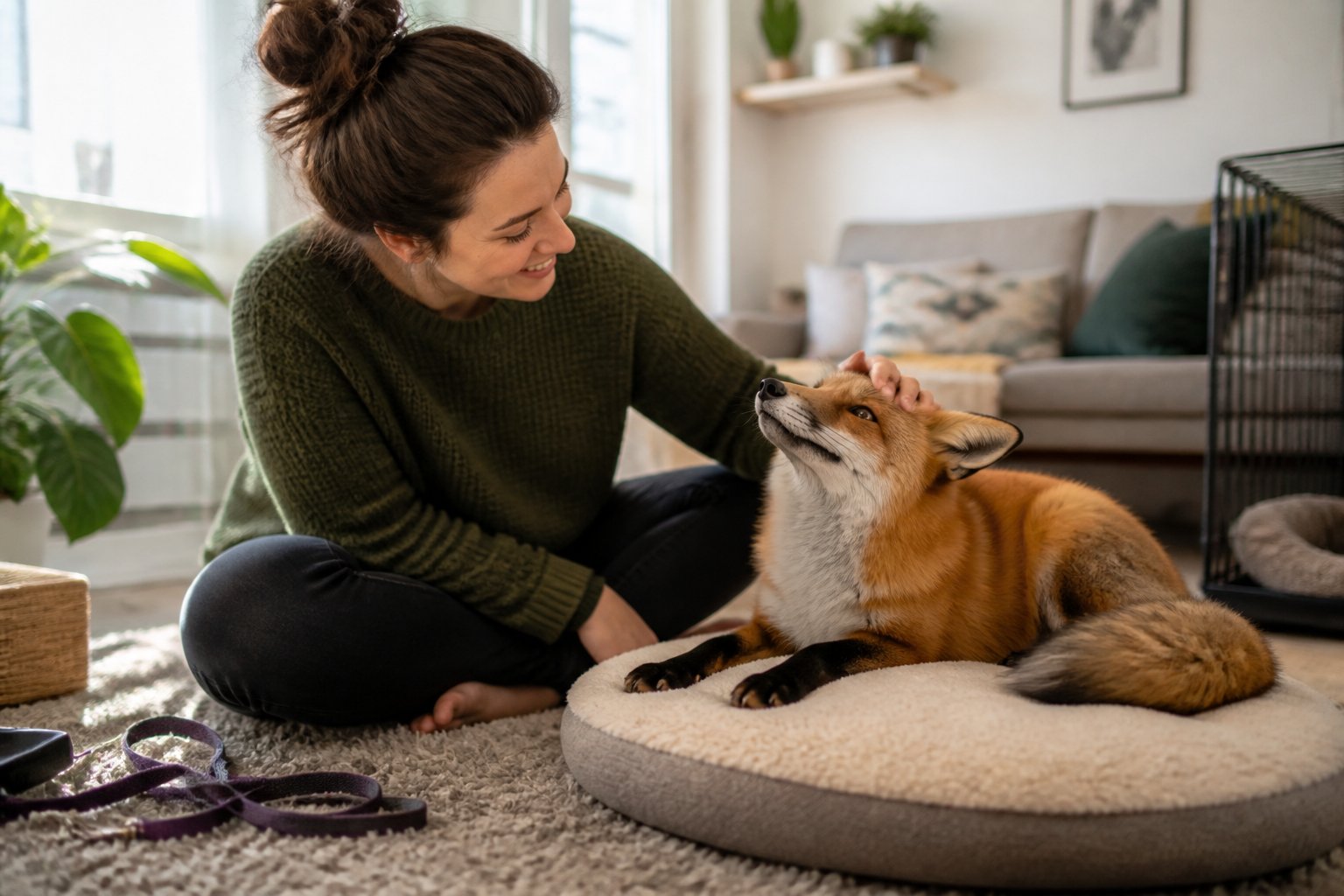 A person gently petting a calm fox inside a bright living room.