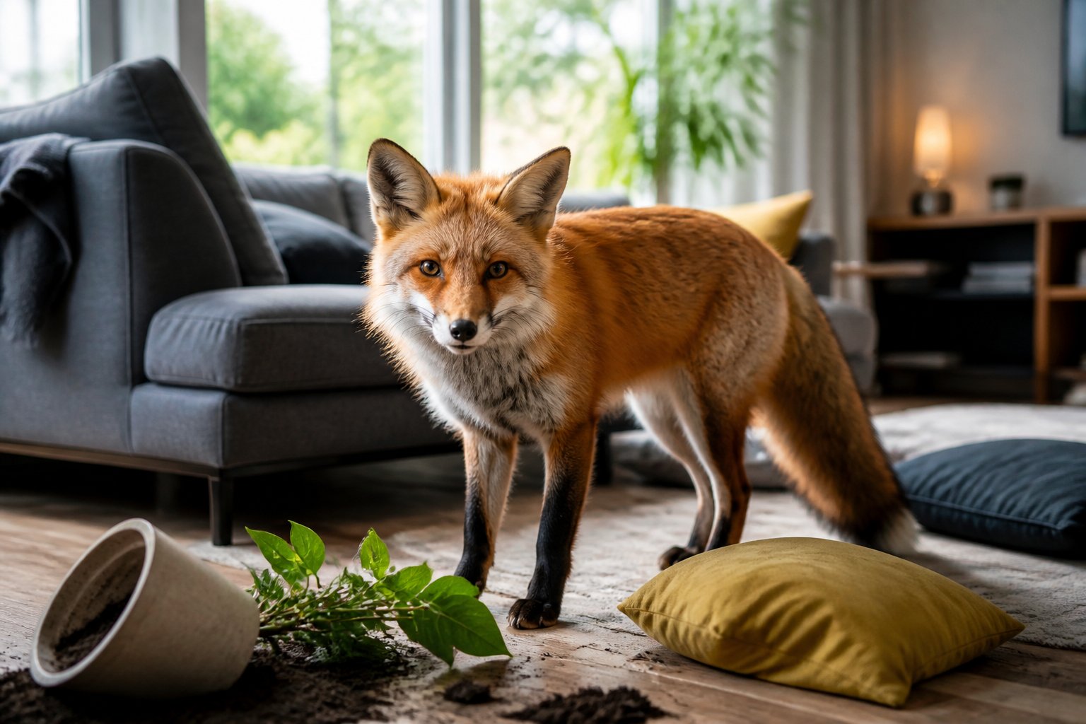 A red fox standing inside a modern living room near a couch with scattered cushions and a tipped-over plant pot.
