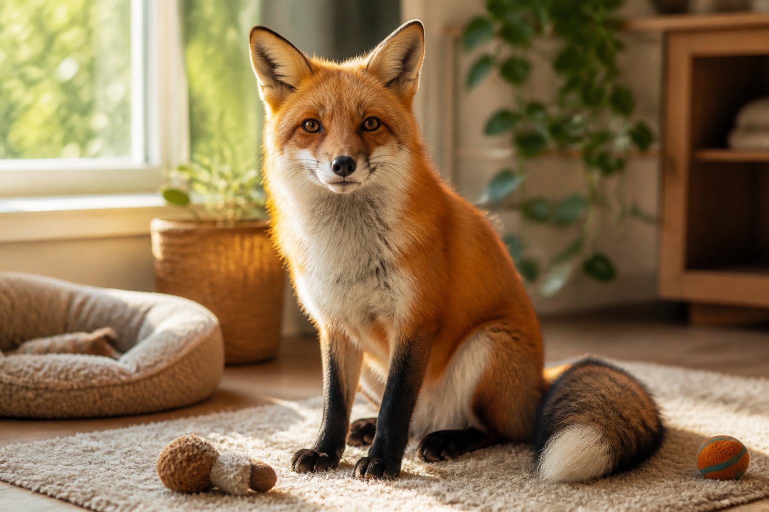 A red fox sitting calmly on a rug inside a cozy room with sunlight coming through a window.