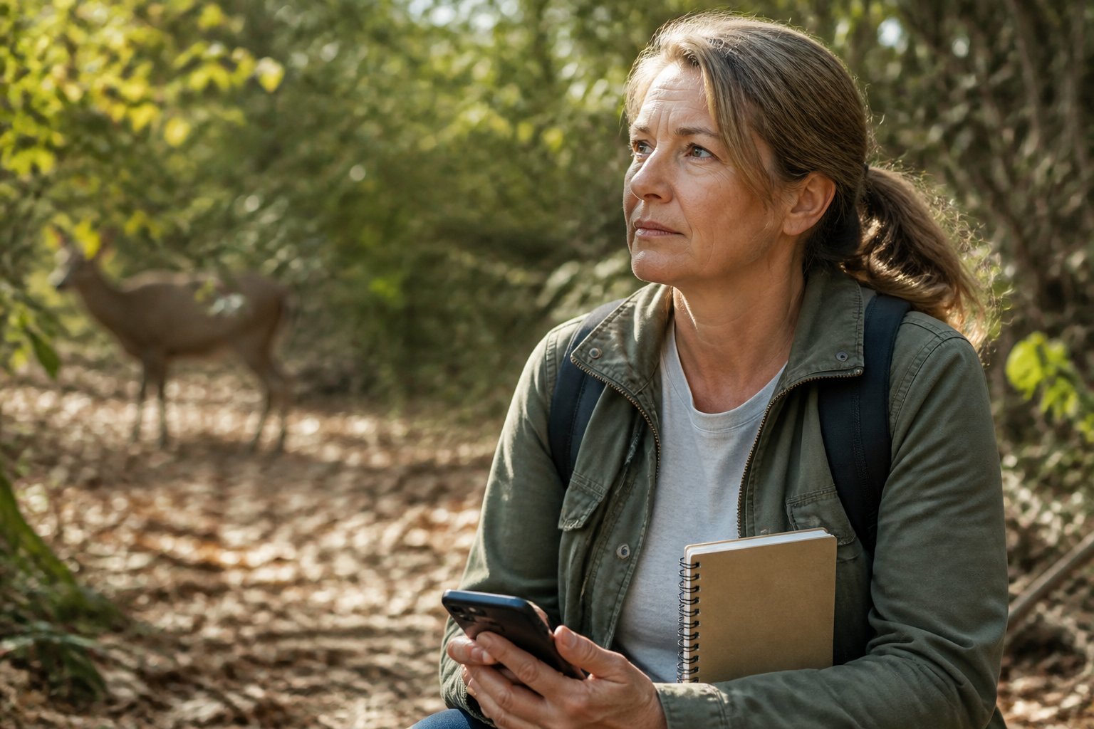A person standing thoughtfully in a forest, looking into the distance while holding a smartphone.