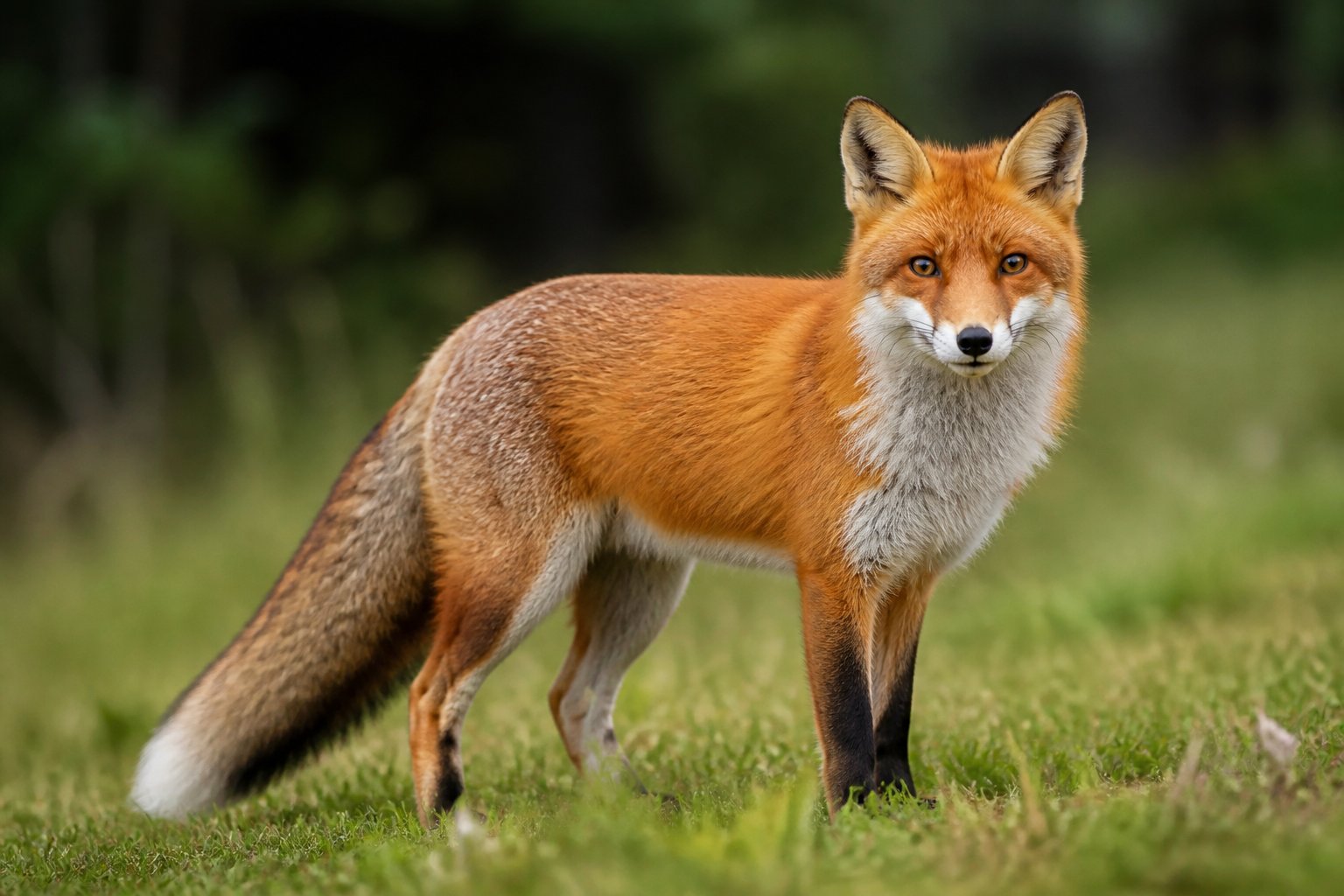 A red fox standing alert in a natural outdoor setting with a blurred forest background.
