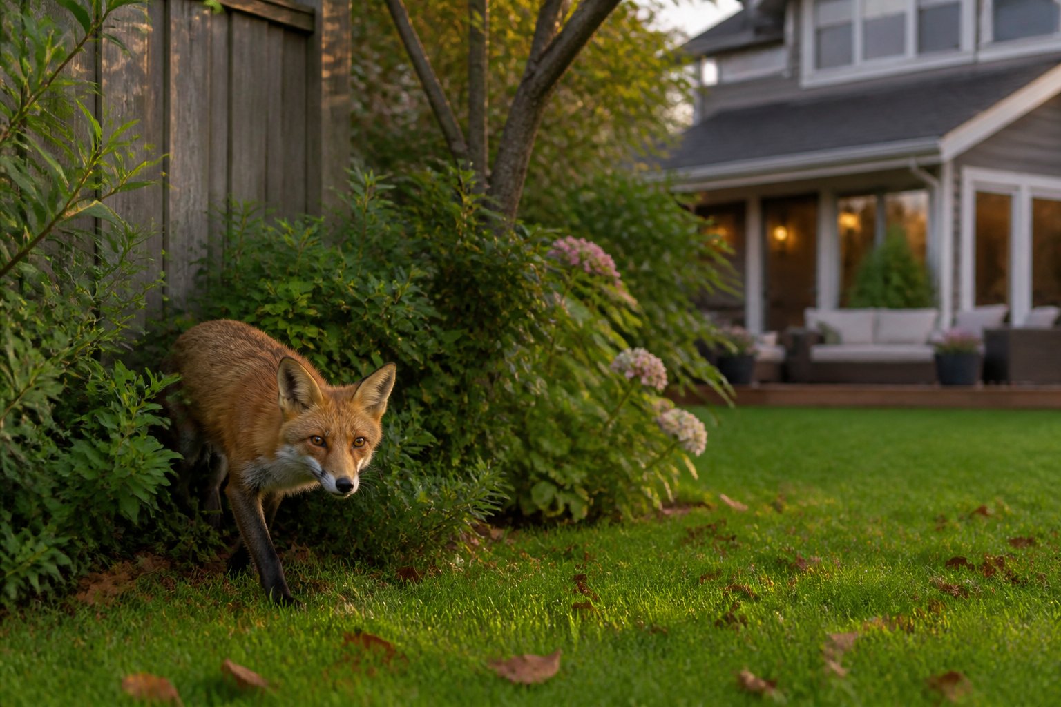 A red fox cautiously emerging from bushes near a wooden fence in a suburban backyard with a house in the background.