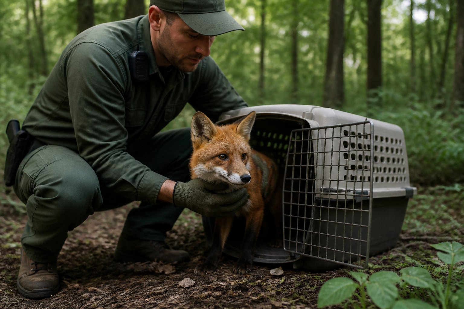 A wildlife officer gently handling a red fox in a forest using a secure animal carrier.