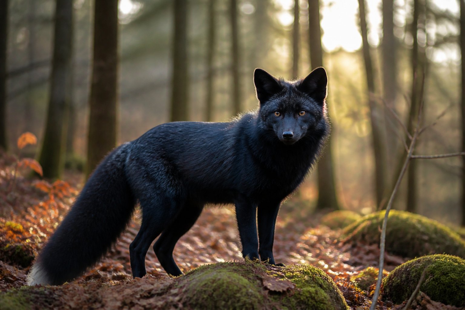 A black fox standing alert on a forest floor surrounded by trees and sunlight filtering through the branches.