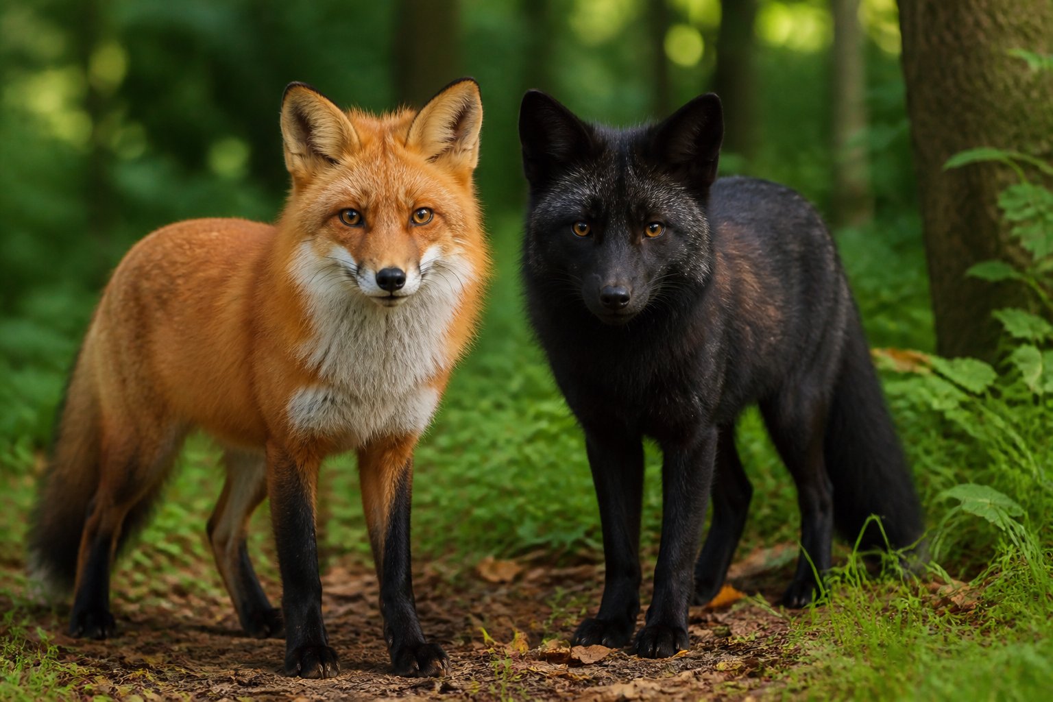 Two foxes, one red and one black, standing side by side in a green forest.