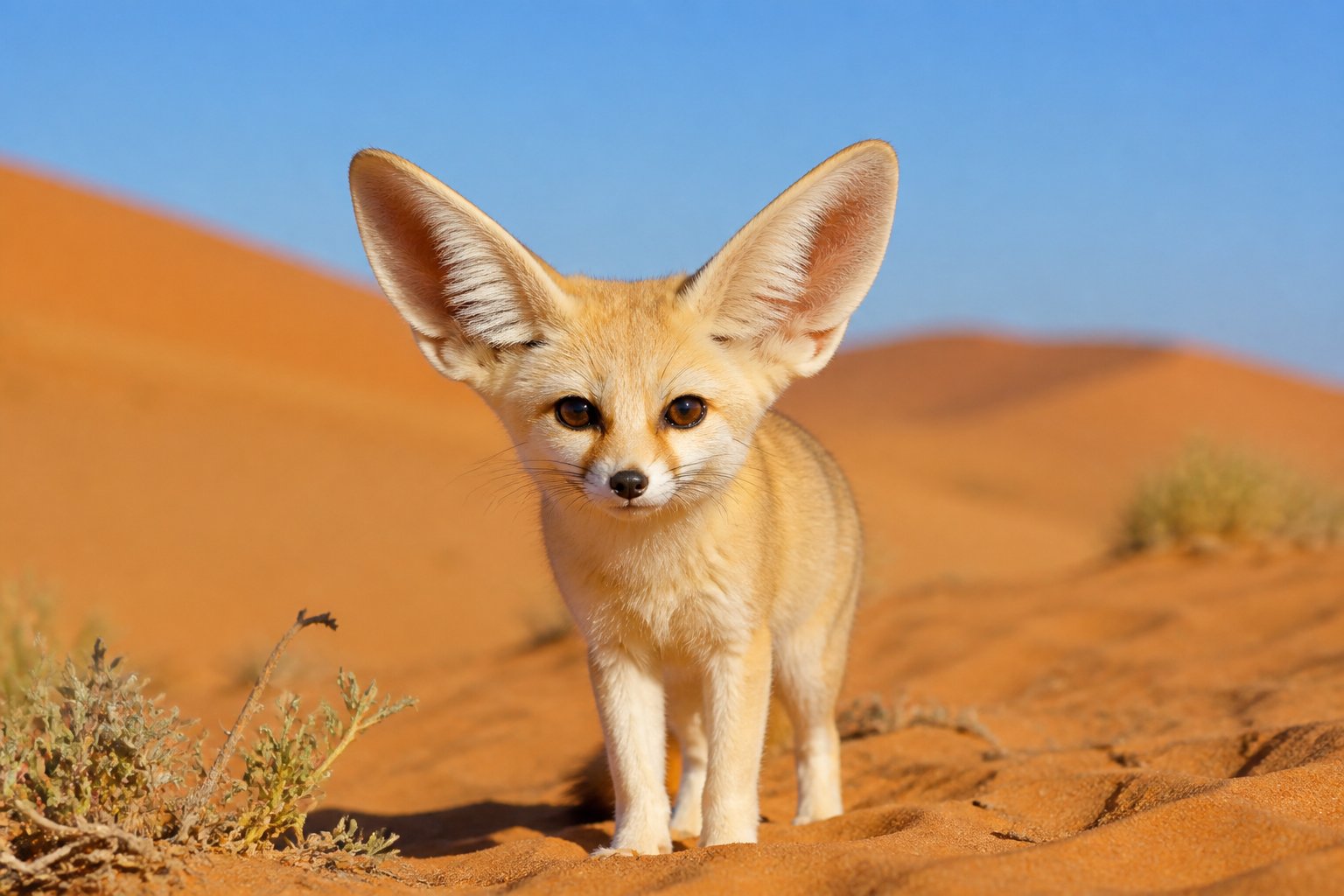 A fennec fox with large ears standing on sandy desert ground with sparse vegetation and sand dunes in the background.