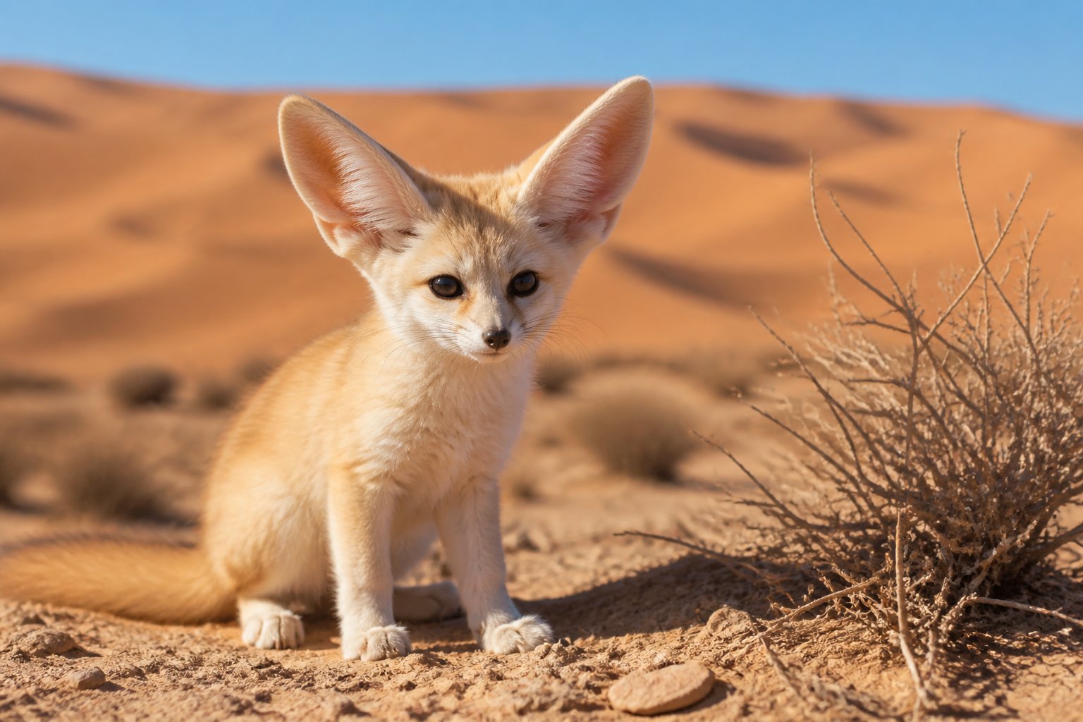 A fennec fox standing on sandy desert ground with sparse vegetation and sand dunes in the background.