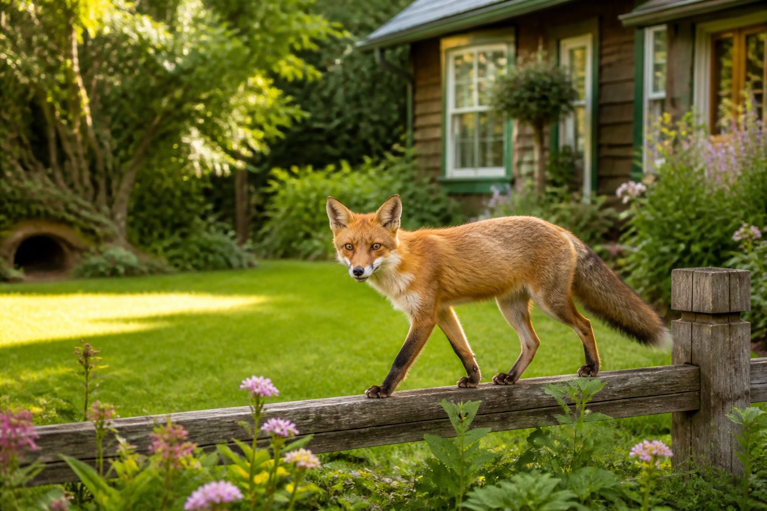 A red fox walking along a garden fence on a residential property with greenery and a house in the background.