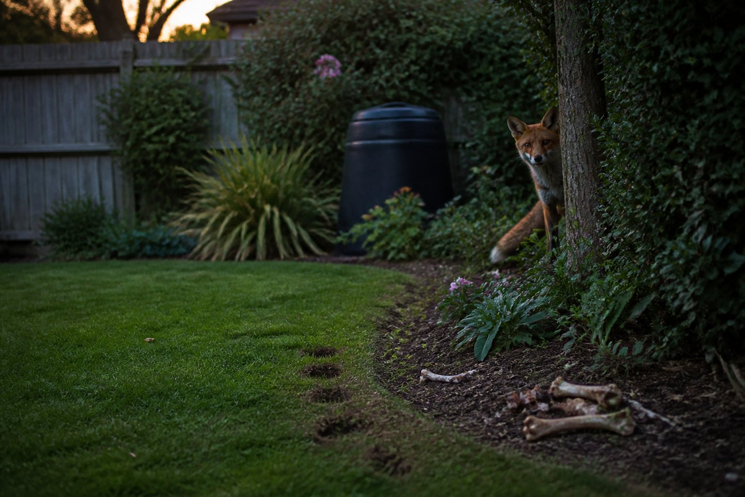 A suburban backyard at dusk showing a red fox peeking from behind a tree with paw prints and small bones visible on the lawn.