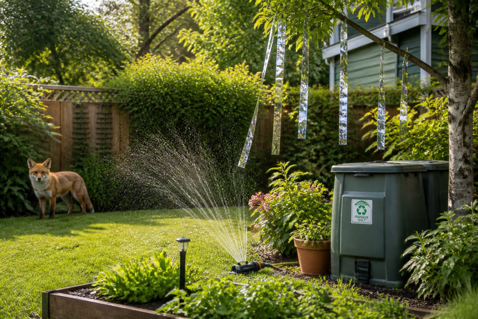 A suburban backyard with natural fox deterrents and a red fox hesitating at the yard's edge.