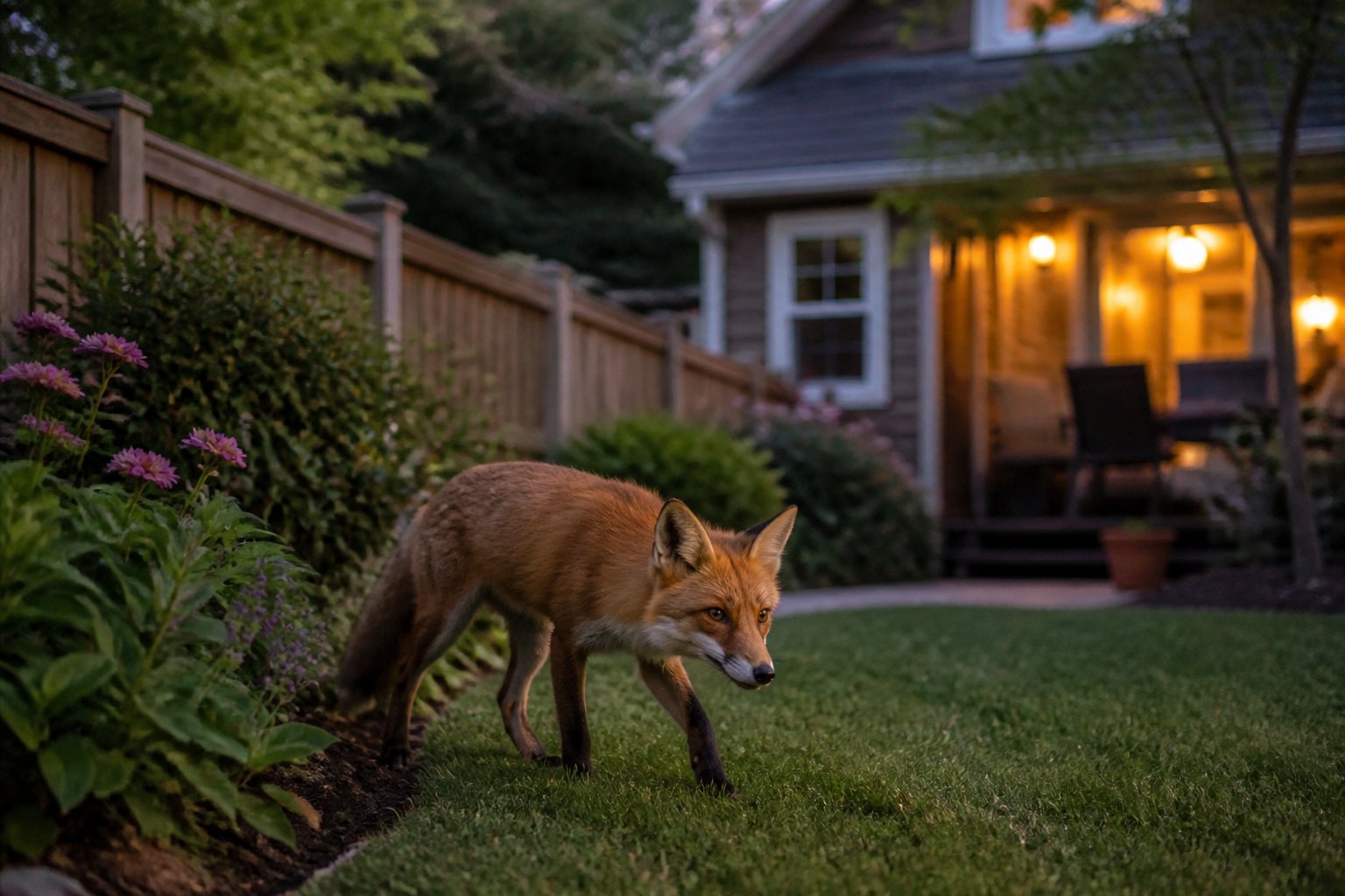 A red fox walking near a garden in a suburban backyard with a house and wooden fence in the background at dusk.