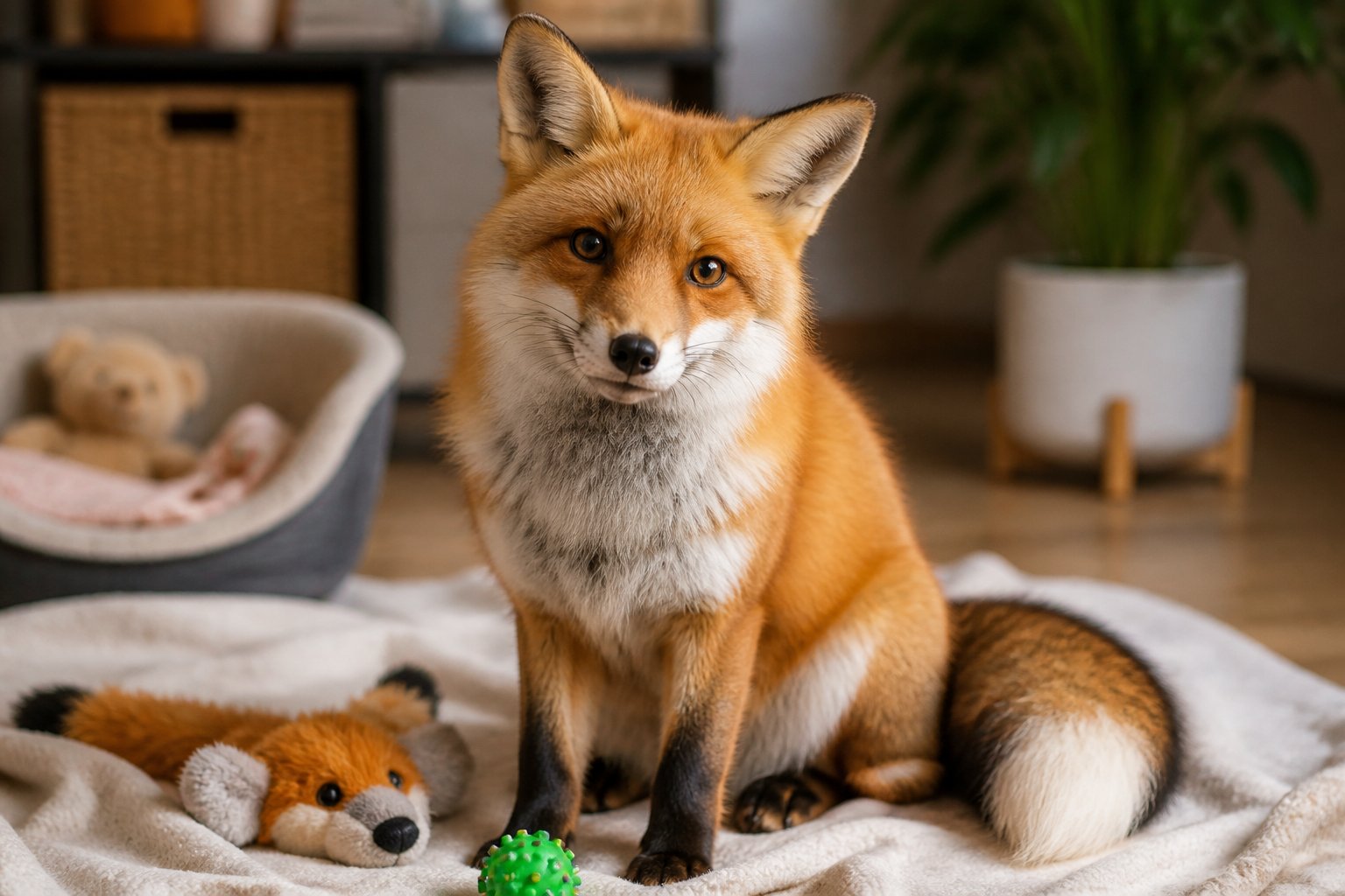 A calm domesticated fox sitting indoors on a soft blanket with pet accessories around it.