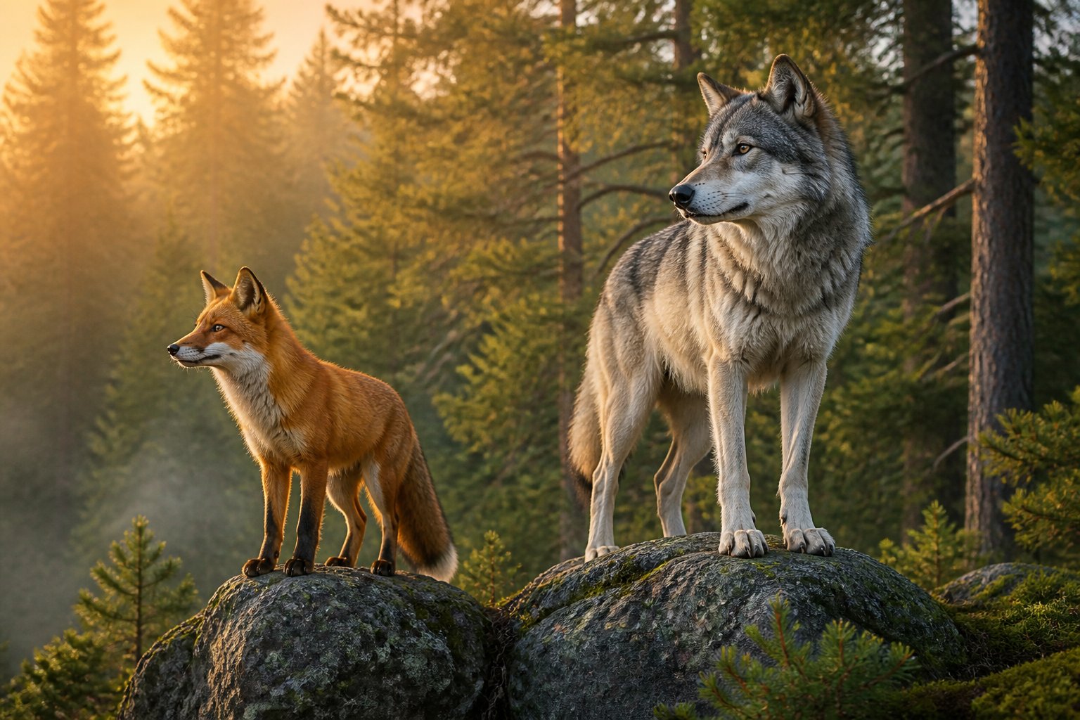 A red fox and a gray wolf standing on separate rocks in a forest with sunlight filtering through the trees.