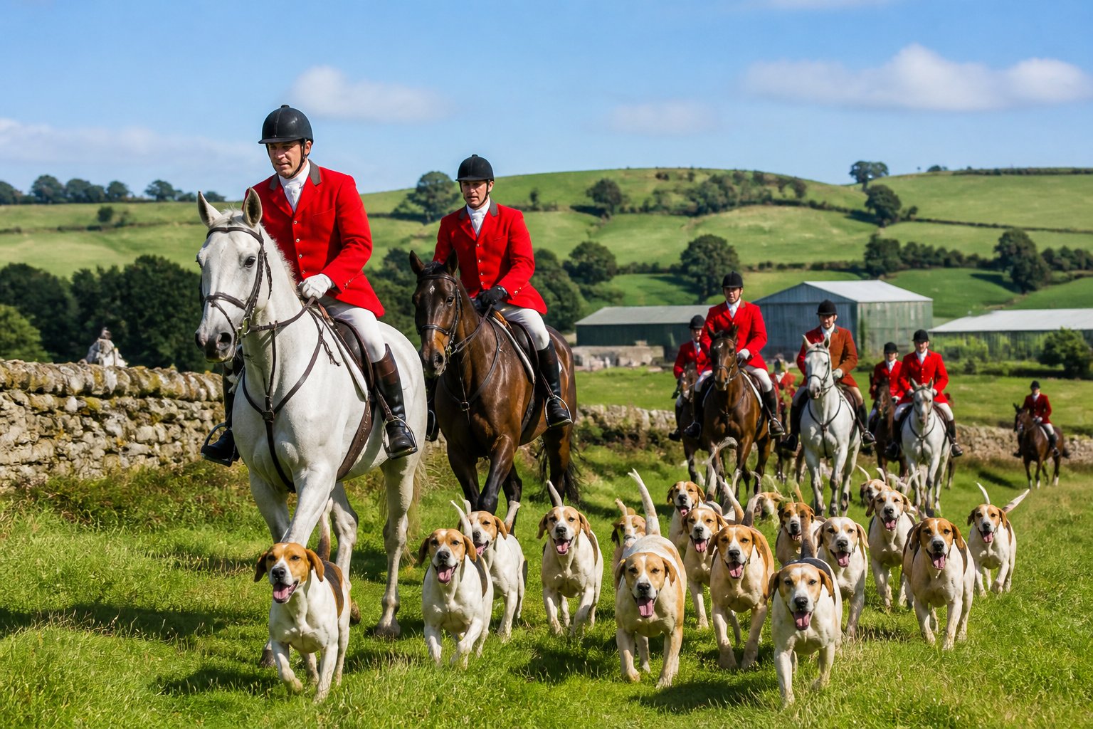 Riders in traditional fox hunting attire on horseback accompanied by hounds running across a green countryside with hills and farm buildings in the background.