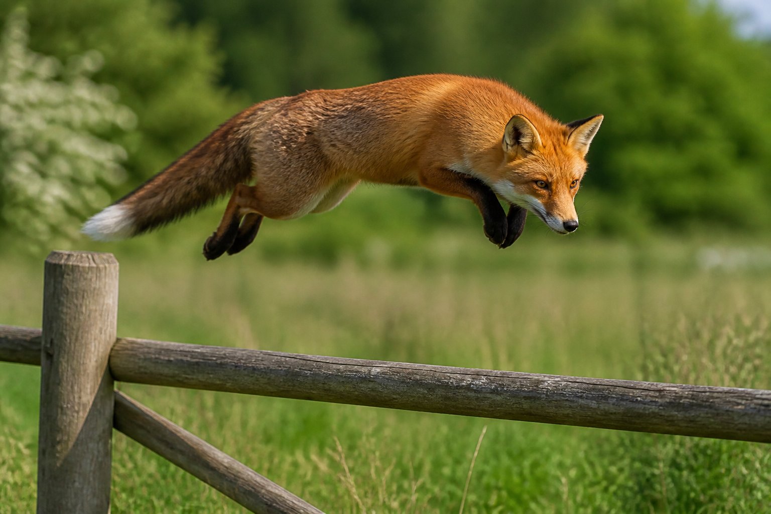A red fox jumping over a wooden fence in a green outdoor area.