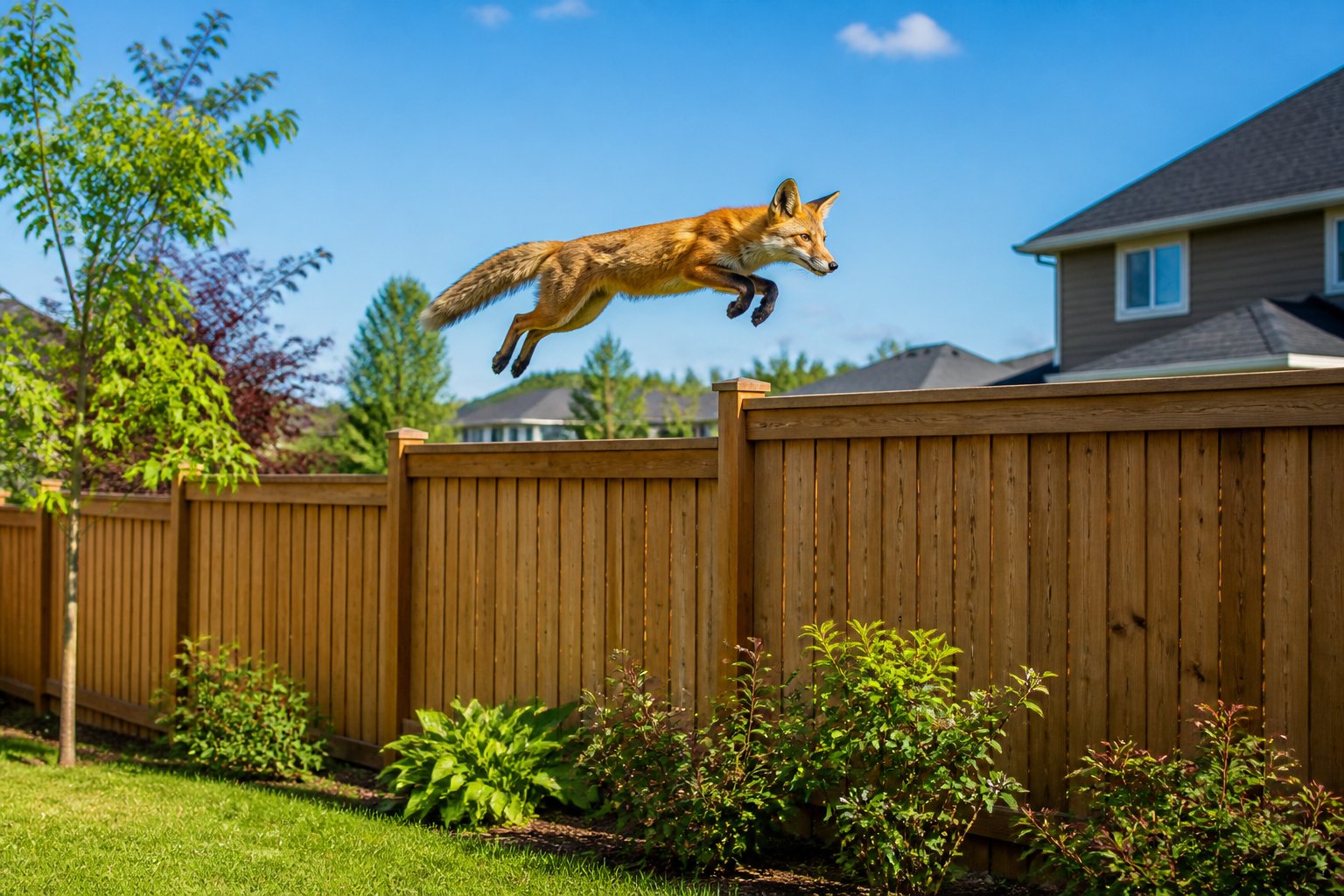 A red fox jumping over a wooden fence in a suburban backyard with grass and plants.