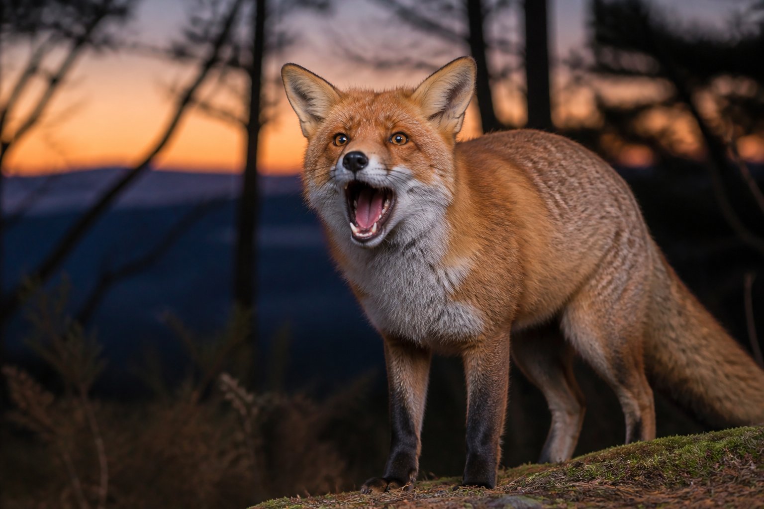 A red fox in a forest at dusk with its mouth open as if making a sound.