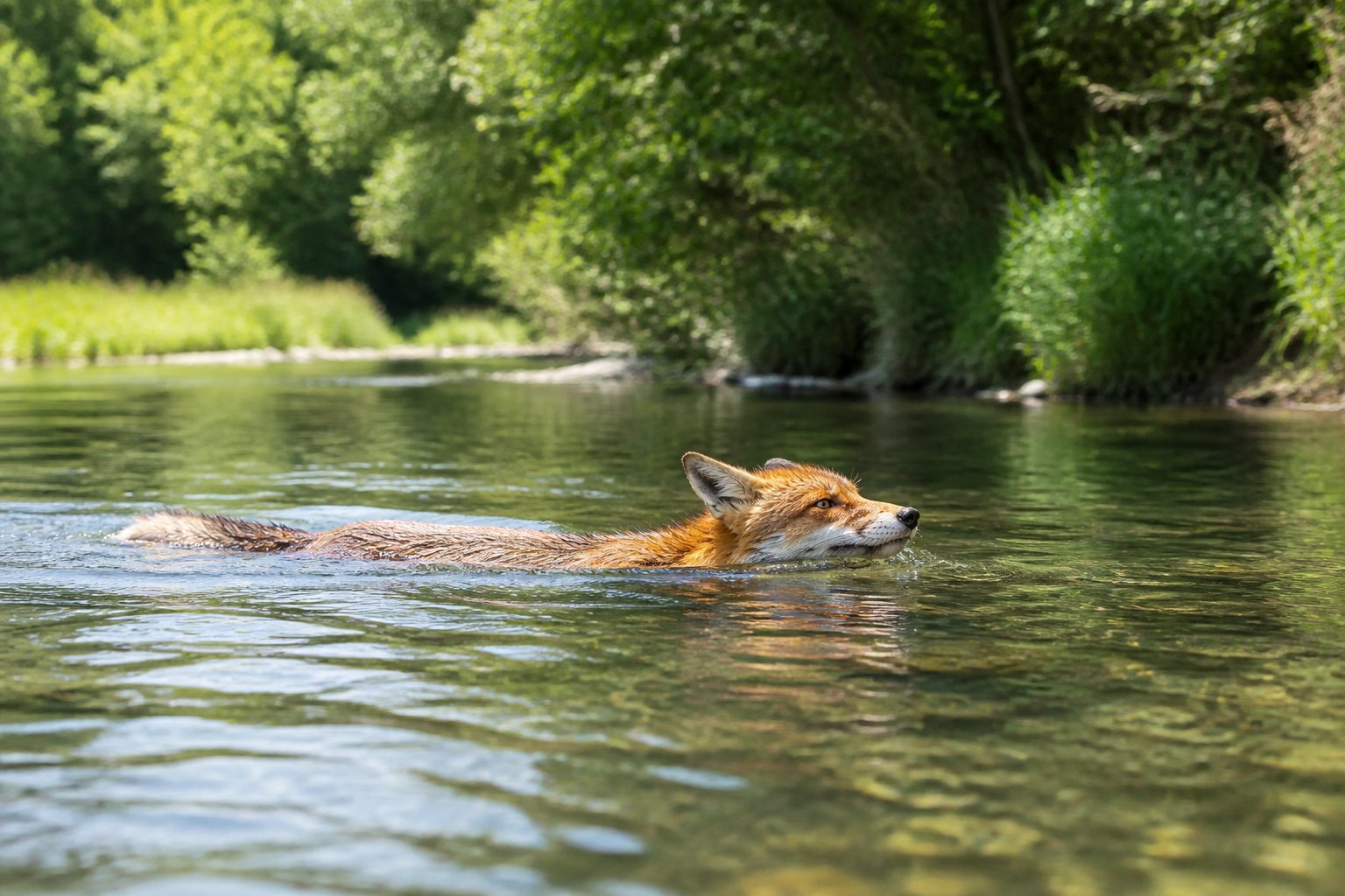 A red fox swimming across a calm river surrounded by green trees and vegetation.