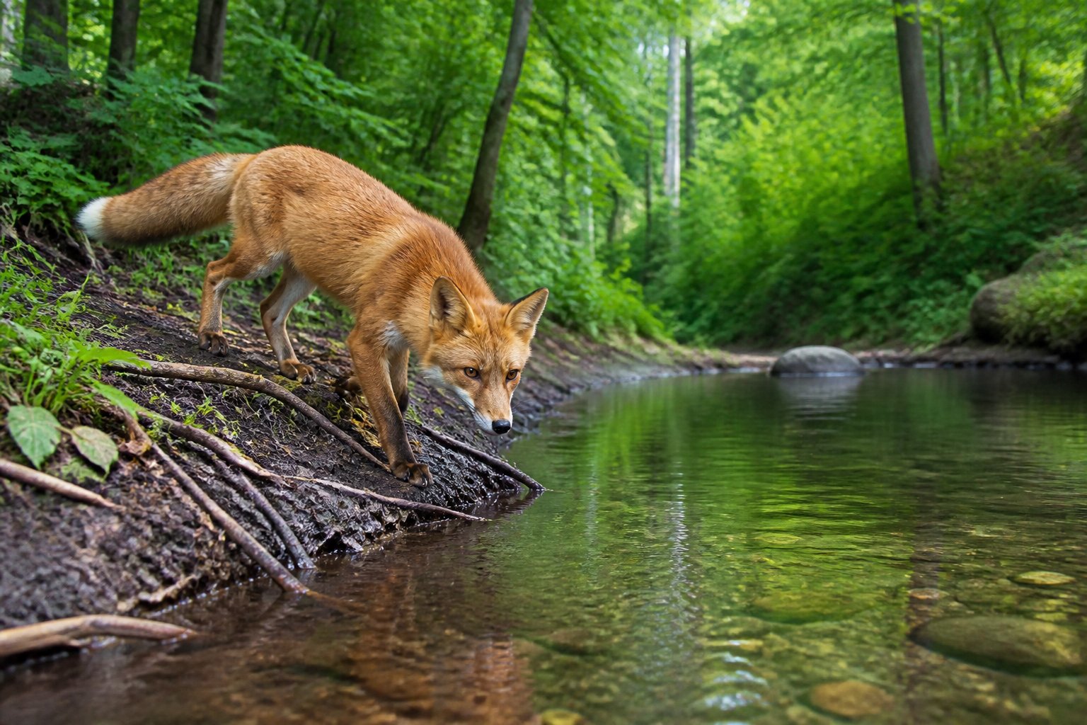 A red fox standing at the edge of a calm river in a green forest, looking hesitant to enter the water.