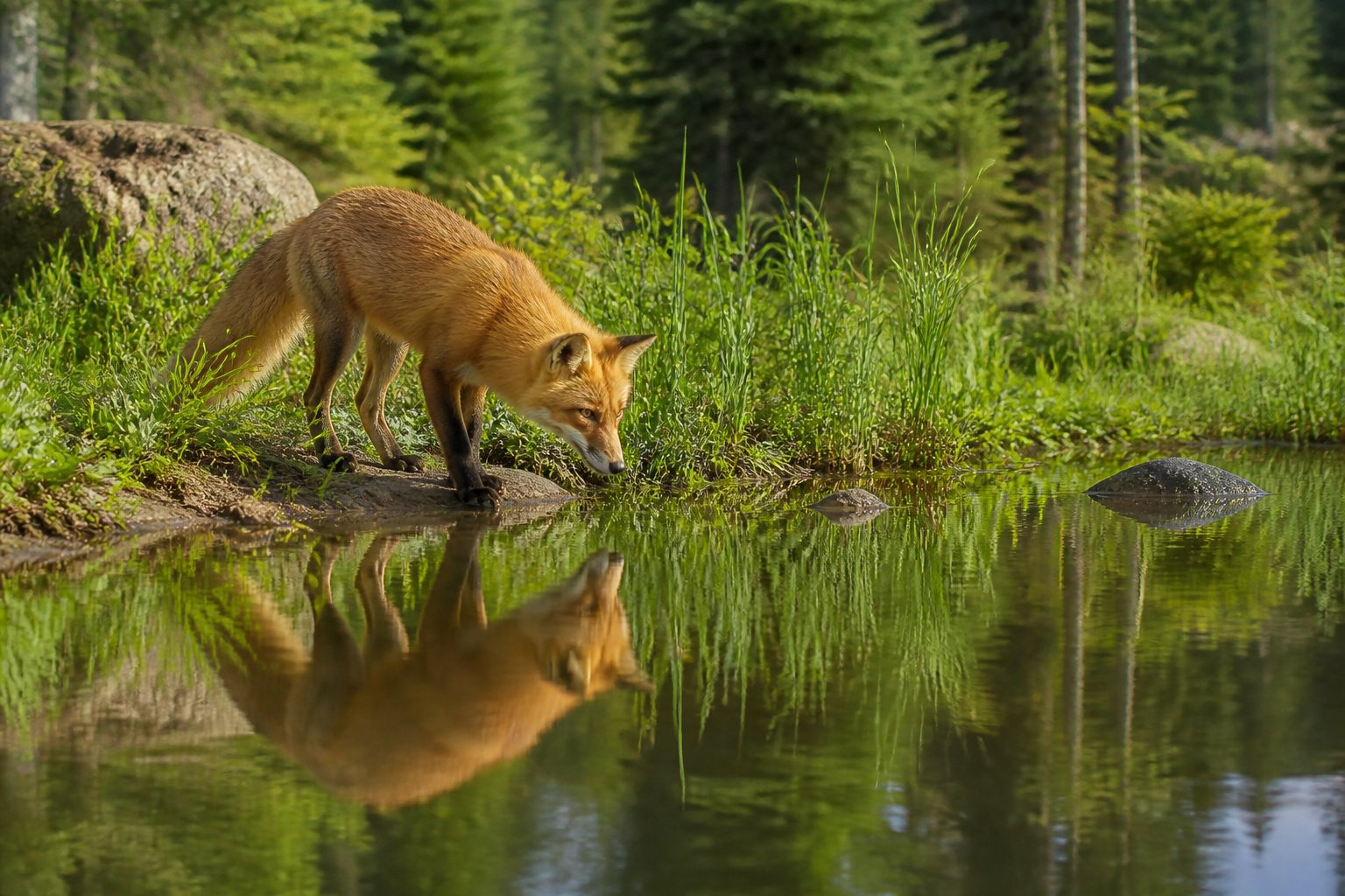 A wild fox standing at the edge of a calm pond in a forest, looking at the water but not entering it.