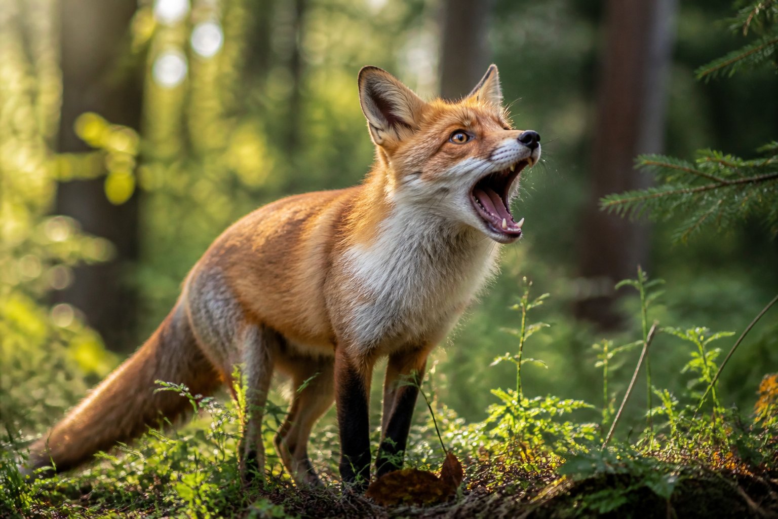 A red fox in a forest with its mouth open as if making a sound.