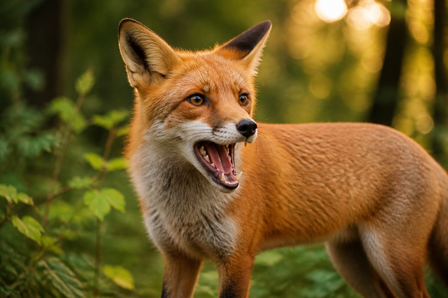 A red fox in a forest with its mouth open as if making a sound.